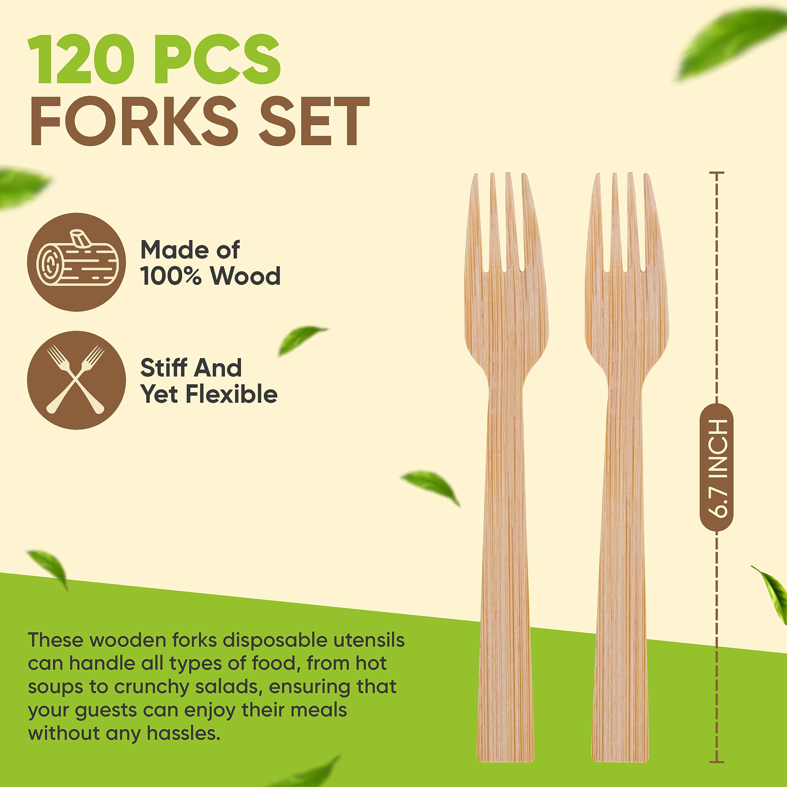 Eco-Friendly Disposable Bamboo Forks 120-Pack | 6.7