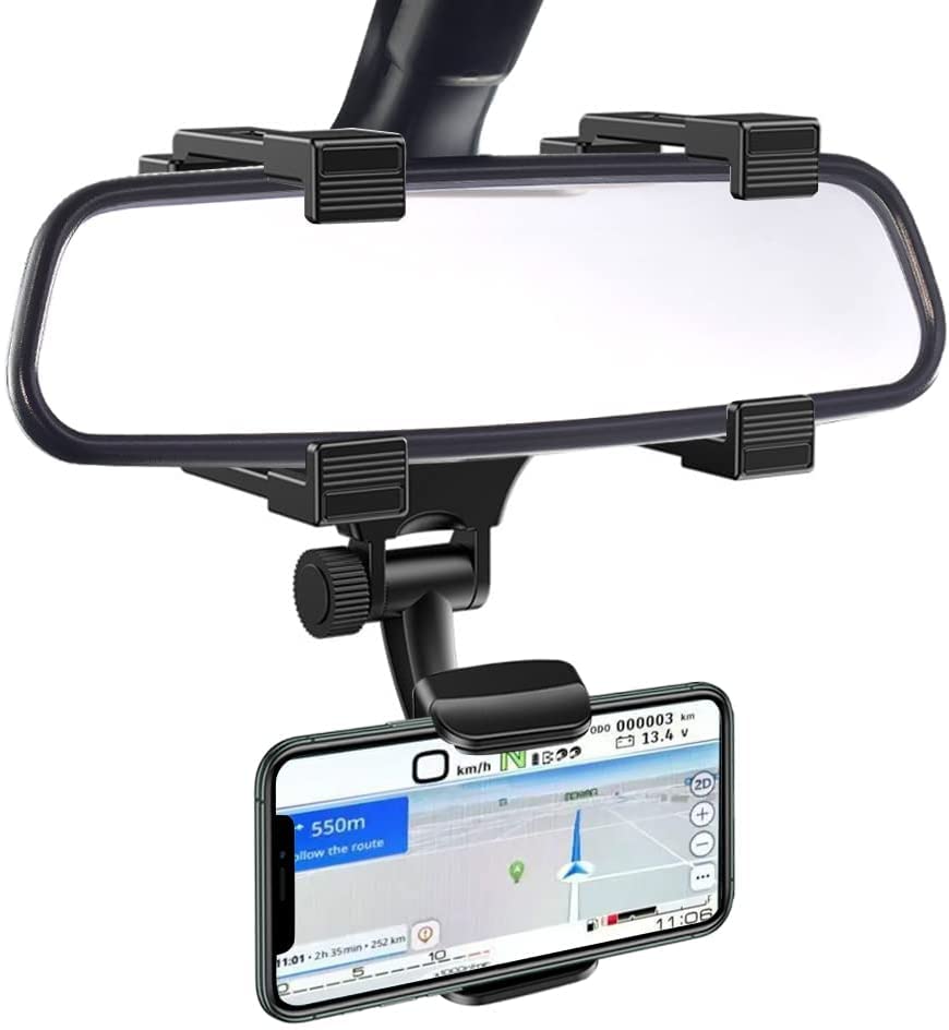 FULLBELL Universal Car Phone Mount Holder - 270° Swivel Adjustable Clip for iPhone Samsung Smartphones - Rear View Mirror Phone Bracket for Safe Driving, GPS Navigation & Hands-Free Calls - Black Car Accessories