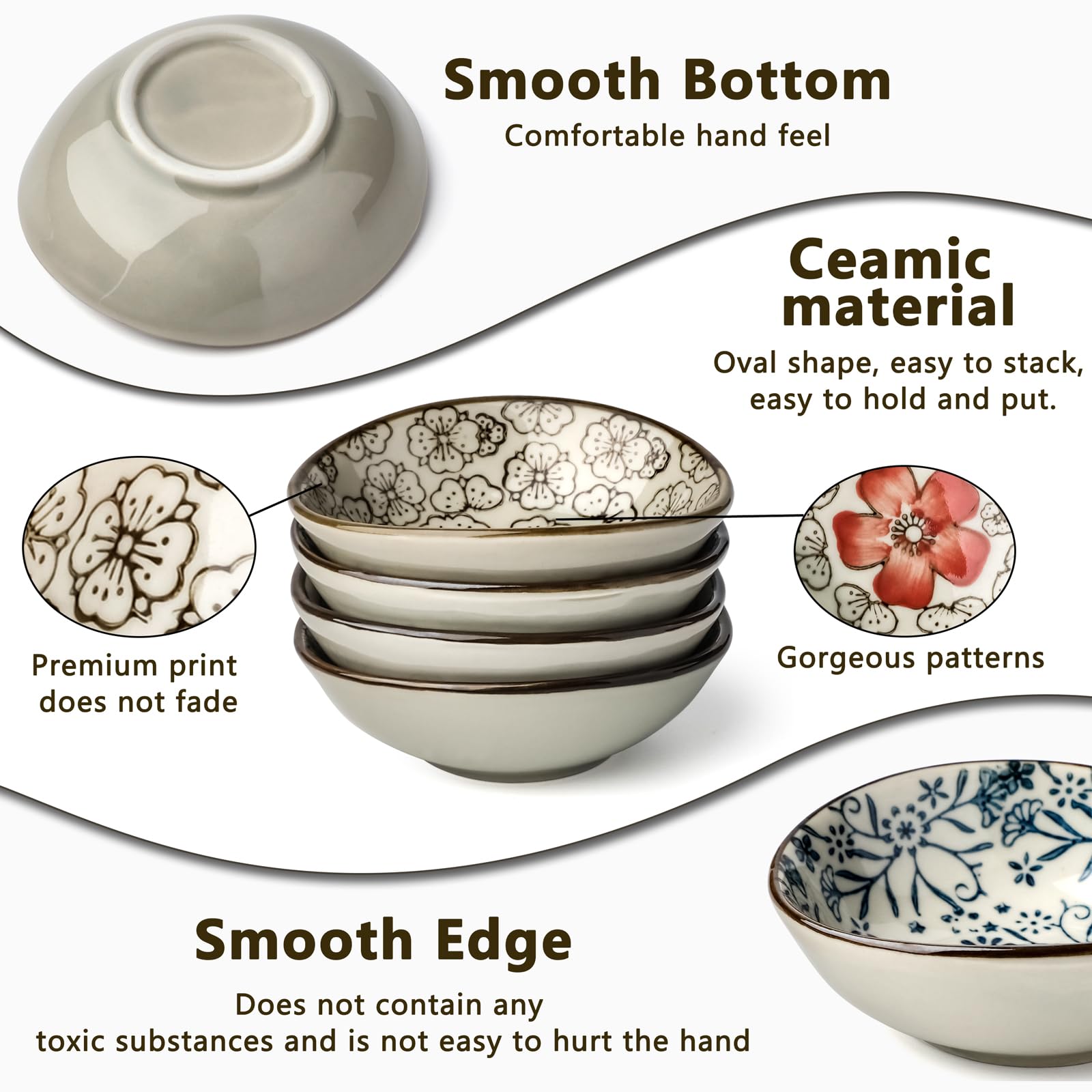Premium Japanese Style Ceramic Dipping Sauce Bowls - Set of 4 Small Dishes for Soy Sauce, Ketchup, BBQ & Seasoning - Perfect for Sushi, Dumplings, Appetizers & Party Snacks