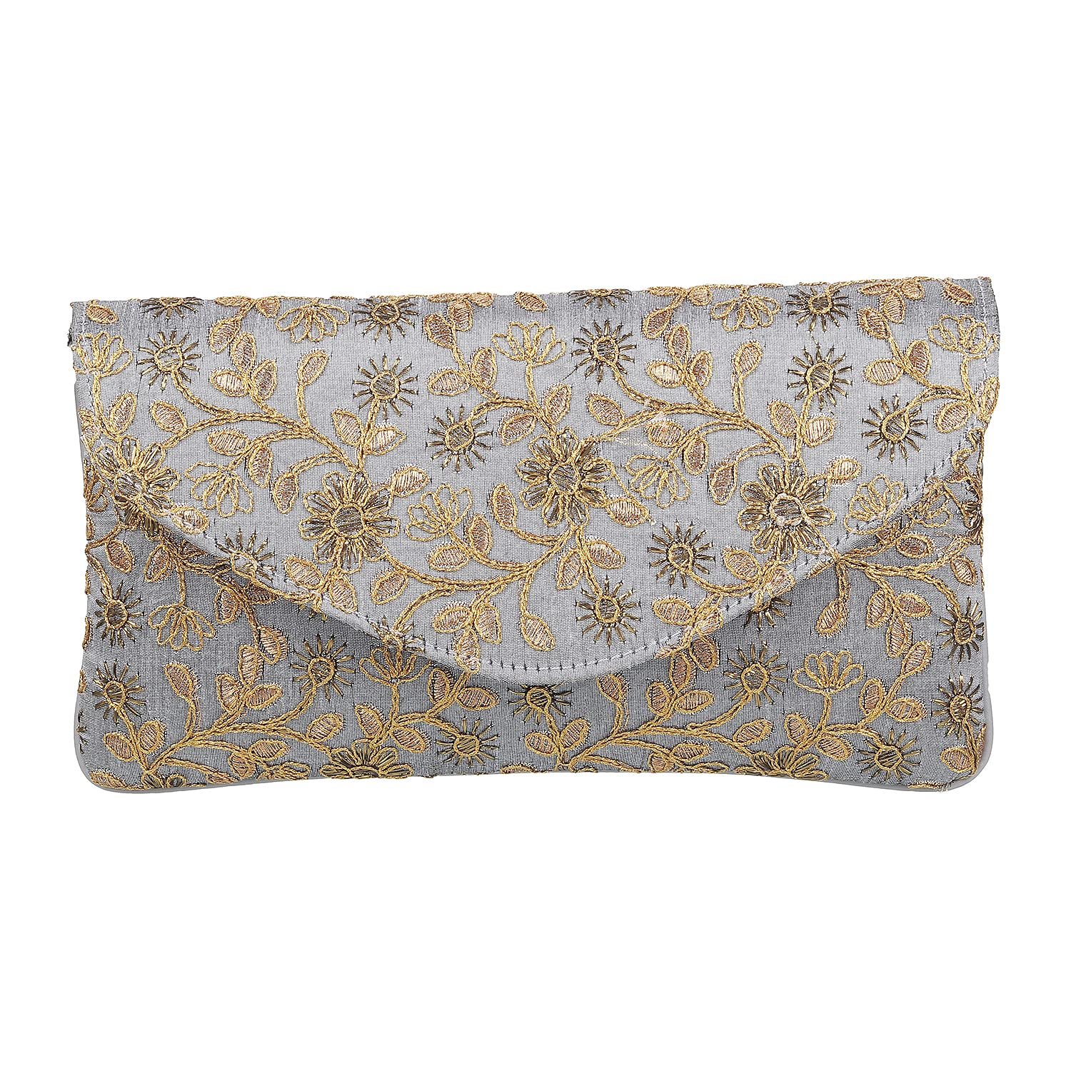 Stylish Metro Gun Metal Embroidery Magnetic Snap Clutch Purse for Women - Perfect for Evening Parties, Weddings & Special Occasions