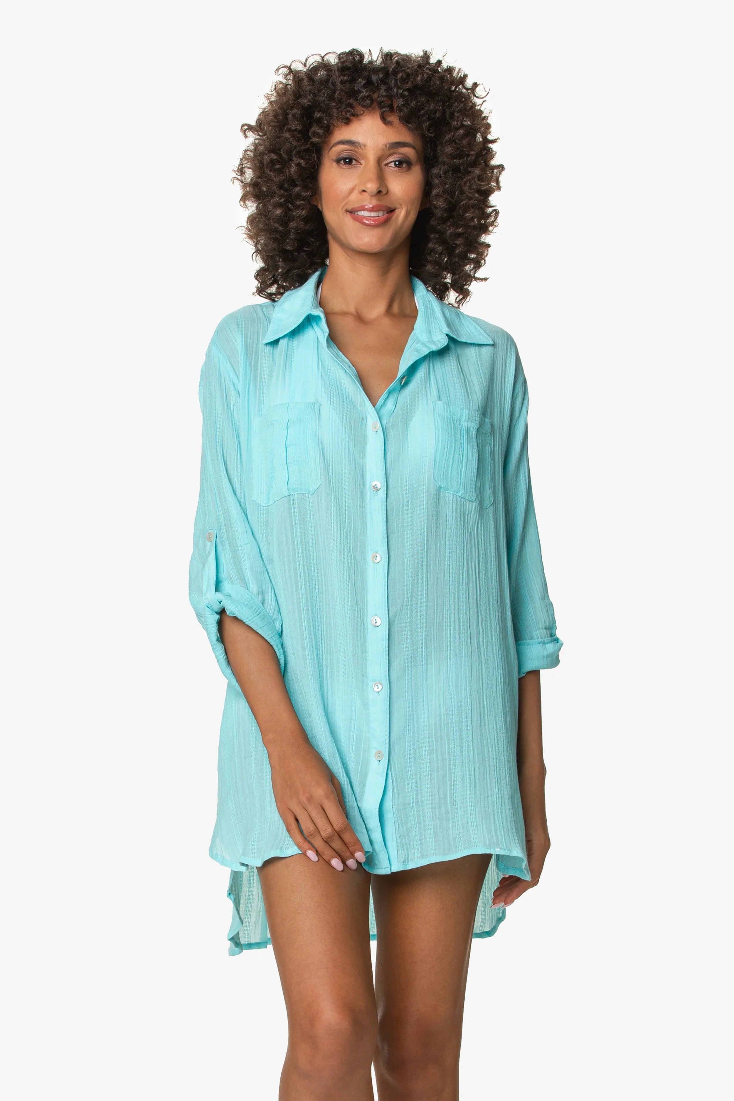 Relaxed Flowy Shirt Dress for Women in Aqua Blue - Casual Summer Beach Cover Up & Boho Style Outfit
