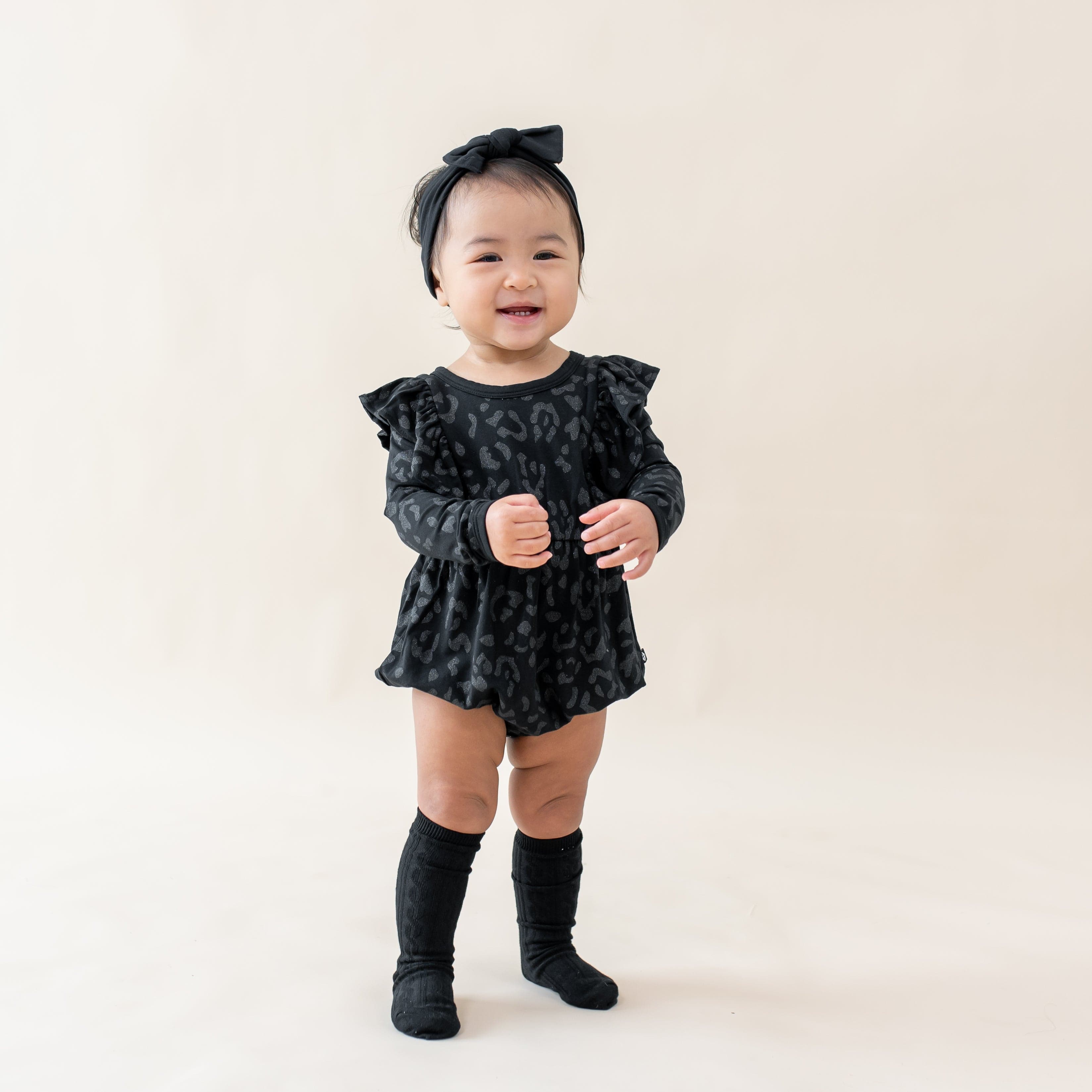 Midnight Leopard Long Sleeve Bubble Romper for Baby Girls | Soft & Comfortable Jumpsuit | Perfect for Playdates, Photo Shoots & Holiday Outfits
