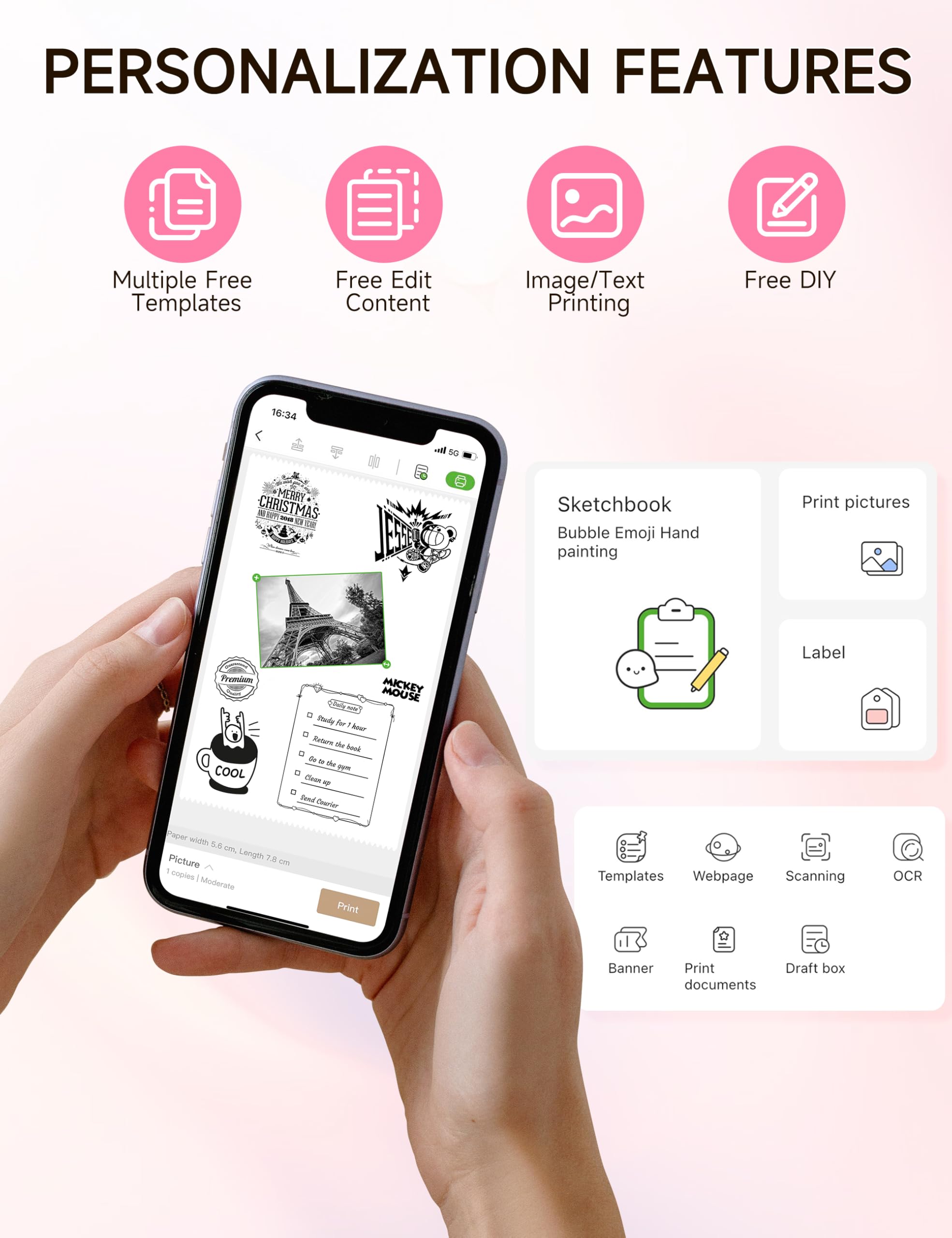 iDPRT Mini Thermal Sticker Printer with 1 Roll Sticker Paper - Portable Label Maker for Study Notes, DIY Crafts, Photos & Organization - Free App with Multiple Templates (Pink) | Perfect for School, Office, Home & Creative Projects