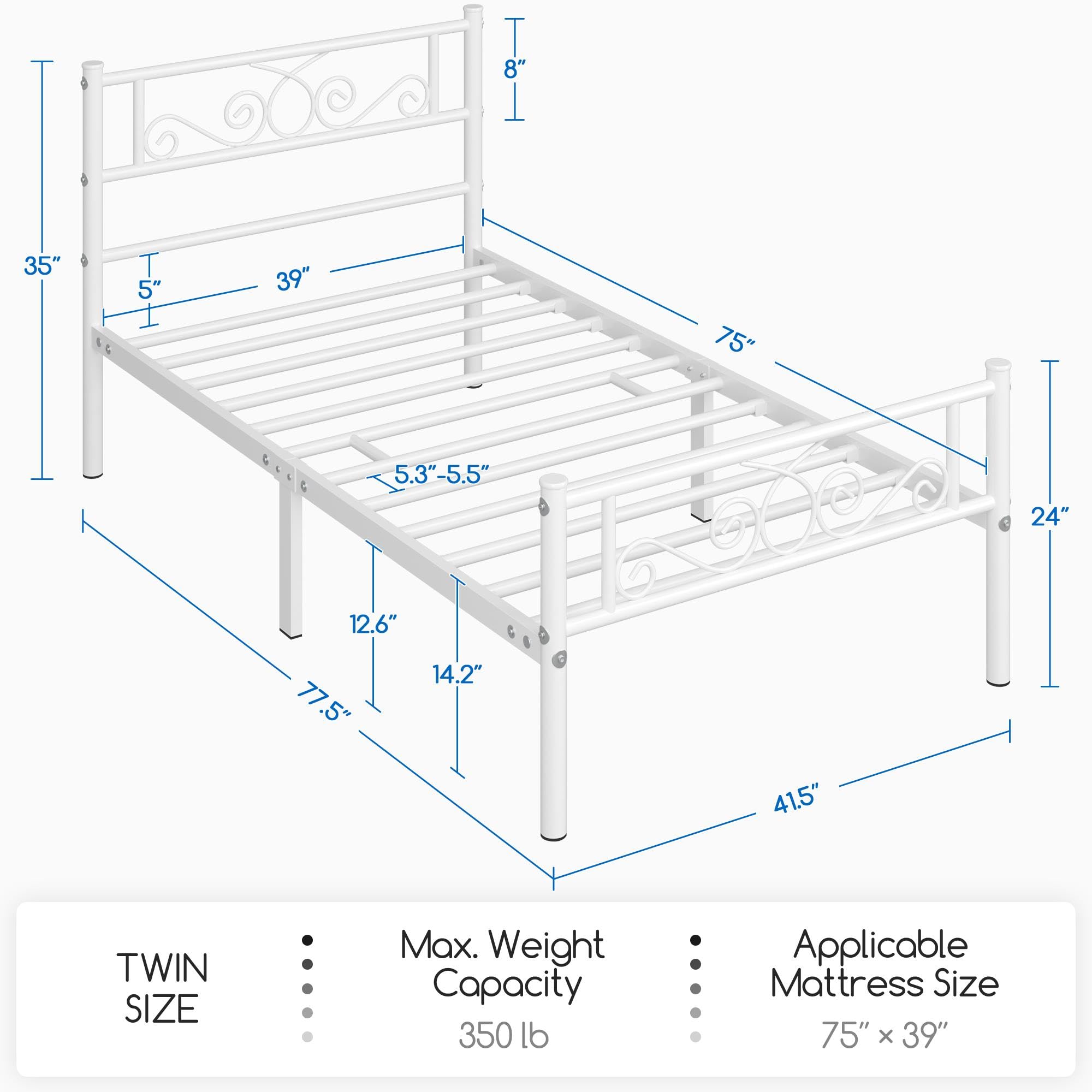 Yaheetech Twin Size Metal Bed Frame with Headboard & Footboard - Sturdy Platform Bed, No Box Spring Needed, Easy Assembly, 12.6