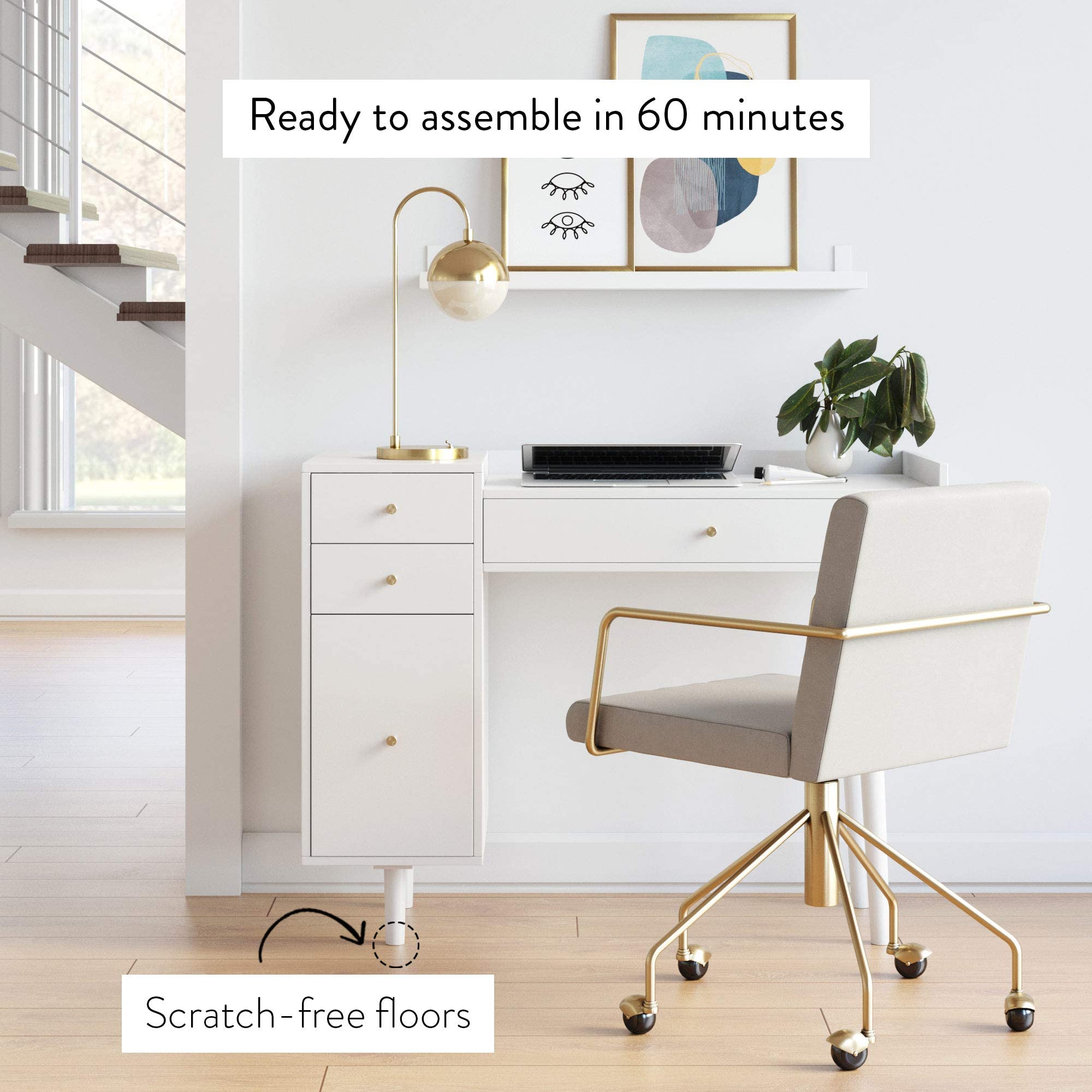 Nathan James Daisy Vanity Dressing Table with 4 Drawers & Brass Knobs - White Wood Makeup Desk for Bedroom, Bathroom & Dressing Room Organization