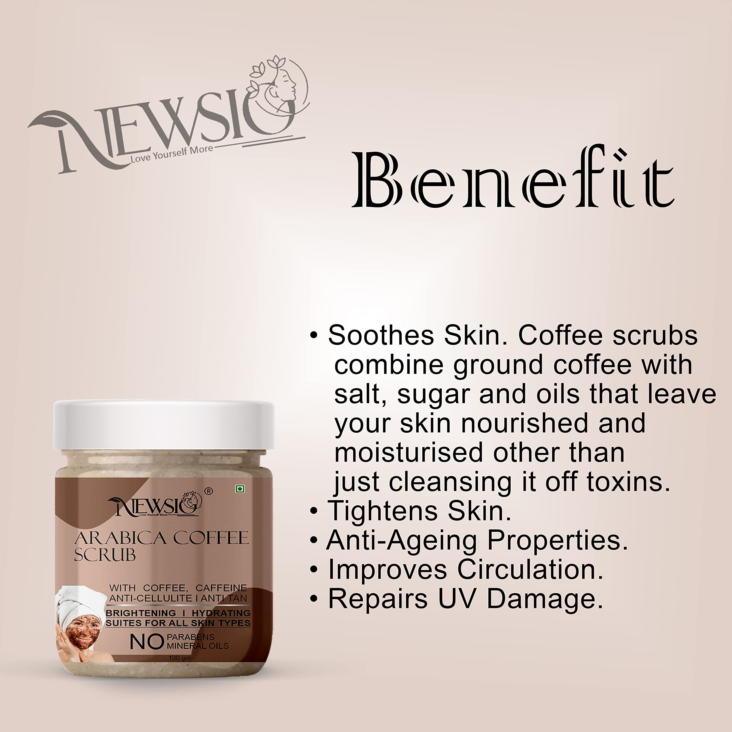 Newsio Arabica Coffee Face Scrub with Caffeine & Cocoa Butter - 100gm Exfoliating Facial Cleanser for Glowing Skin | Perfect for Morning Routine & Spa Day at Home