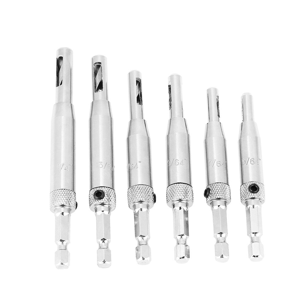 Self Centering Drill Bit Set - 6Pcs Hex Shank Hinge Drill Bits (5/64, 7/64, 9/64, 11/64, 13/64, 1/4 Inch) for Doors & Cabinets - Perfect for Hinge Hole Drilling & Woodworking Projects