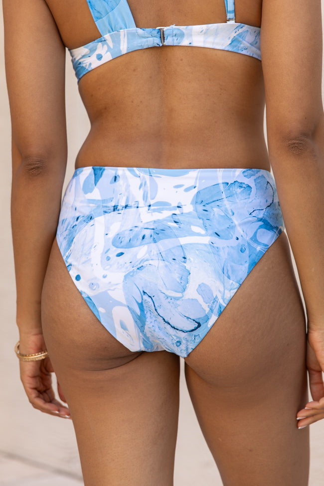 Women's Blue Printed Ring Front Midrise Bikini Bottoms - High Waist Swimwear for Beach, Pool & Summer Vacations