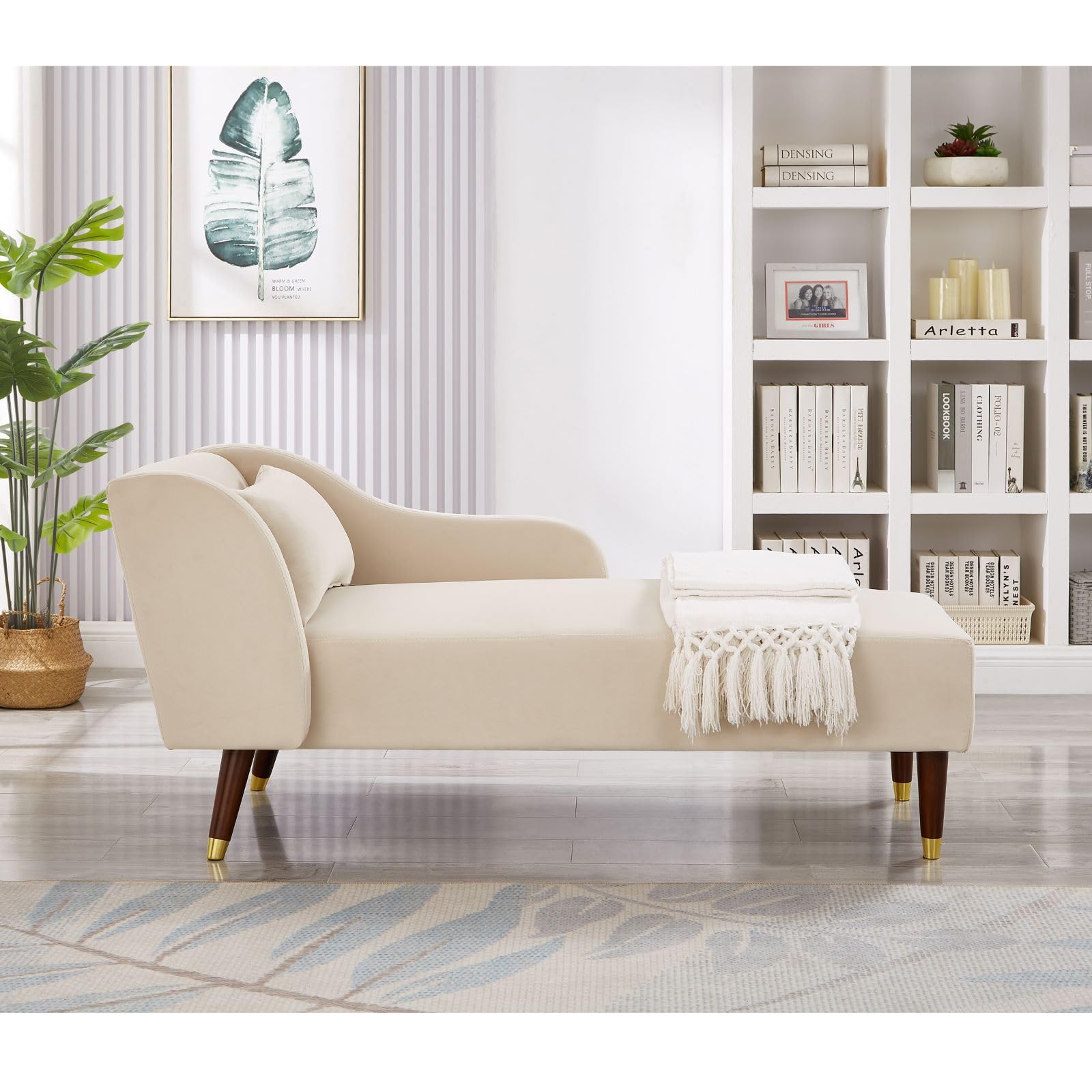 HMFULE Velvet Upholstered Chaise Lounge Chair with Pillow - Modern Accent Chair for Living Room, Bedroom, Guest Room & Apartment - Beige Home Decor - Perfect for Relaxing, Reading & Lounging