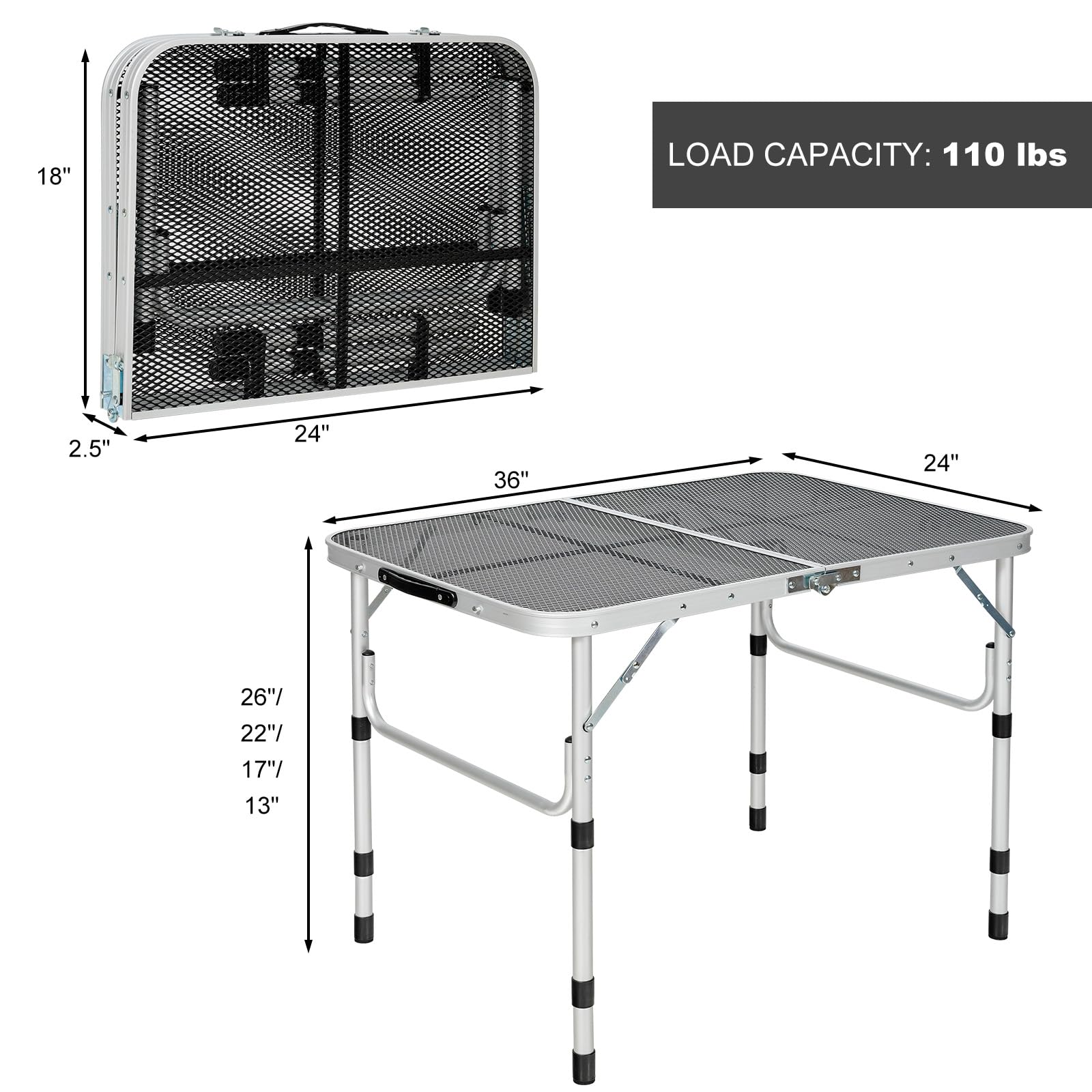Giantex 3FT Portable Camping Table - Aluminum Picnic Table with Iron Mesh Tabletop, 4 Adjustable Heights, Lightweight Folding Table for Outdoor, BBQ, Picnic, Camping, Beach, Tailgating & Backyard Parties | Perfect for Grilling, Cooking, Dining & Outdoor Entertaining