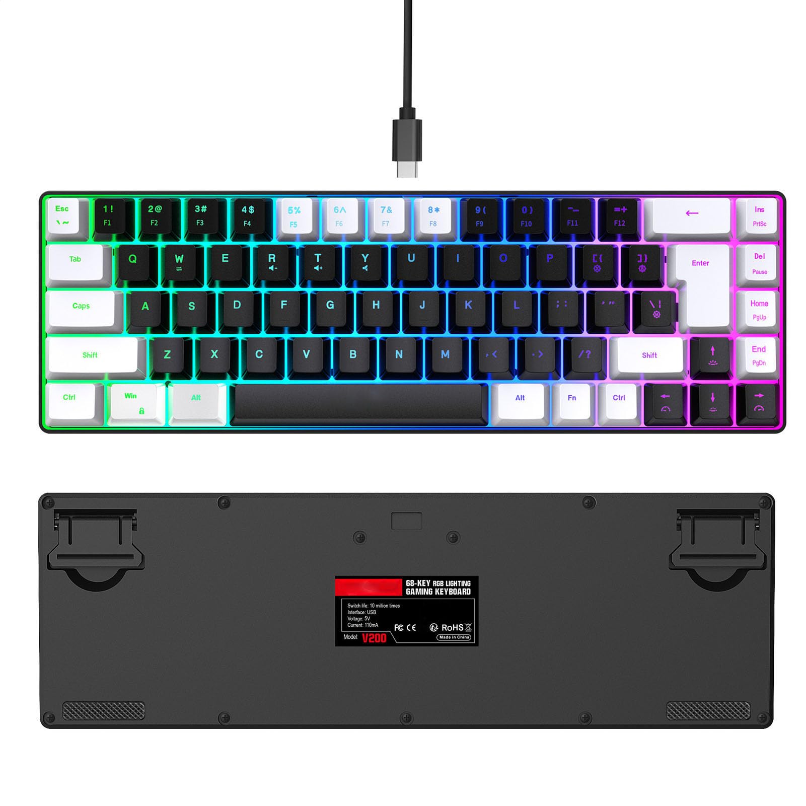 68-Key RGB Backlit Wired Gaming Keyboard - Compact USB Mechanical Keyboard with Ergonomic Design for PC & Desktop (White/Black) - Perfect for Esports, Gaming & Office Work