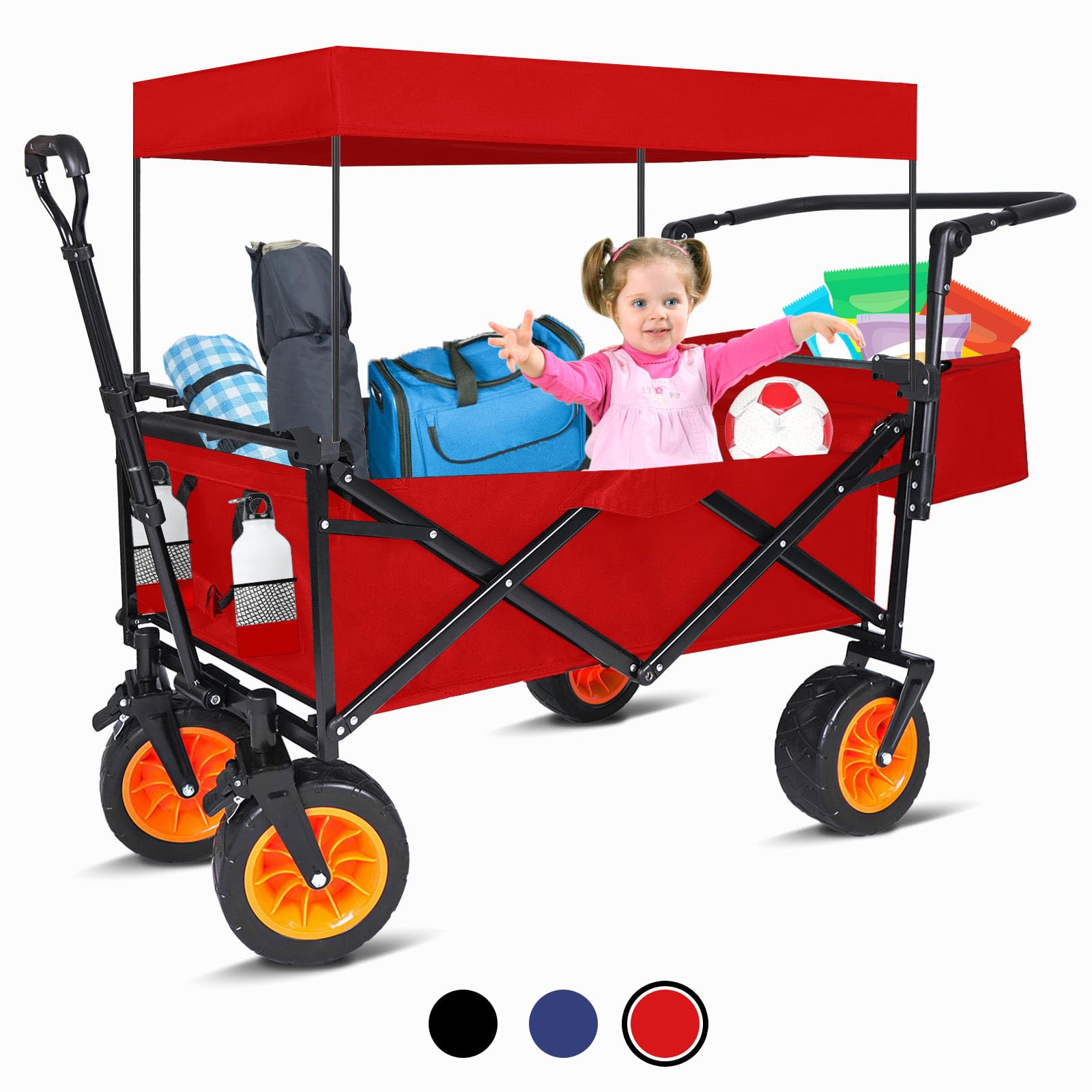 Best Kids Wagon Stroller with Canopy & Seat Belt - Foldable Push Cart with Adjustable Handle & Wheel Locks for Toddlers - Perfect for Beach, Picnic, Camping & Outdoor Adventures (Red)
