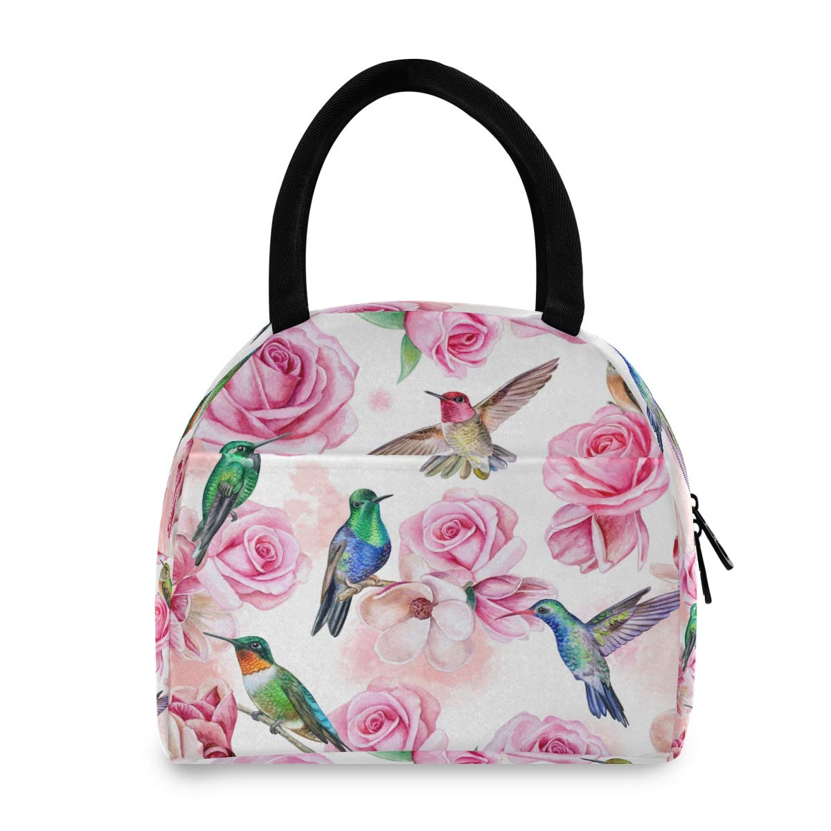 Insulated Lunch Bag with Zipper - Hummingbird Rose Design, Reusable Cooler Tote for Meal Prep, Office, School, Picnic & Outdoor Activities - Perfect for Women & Men
