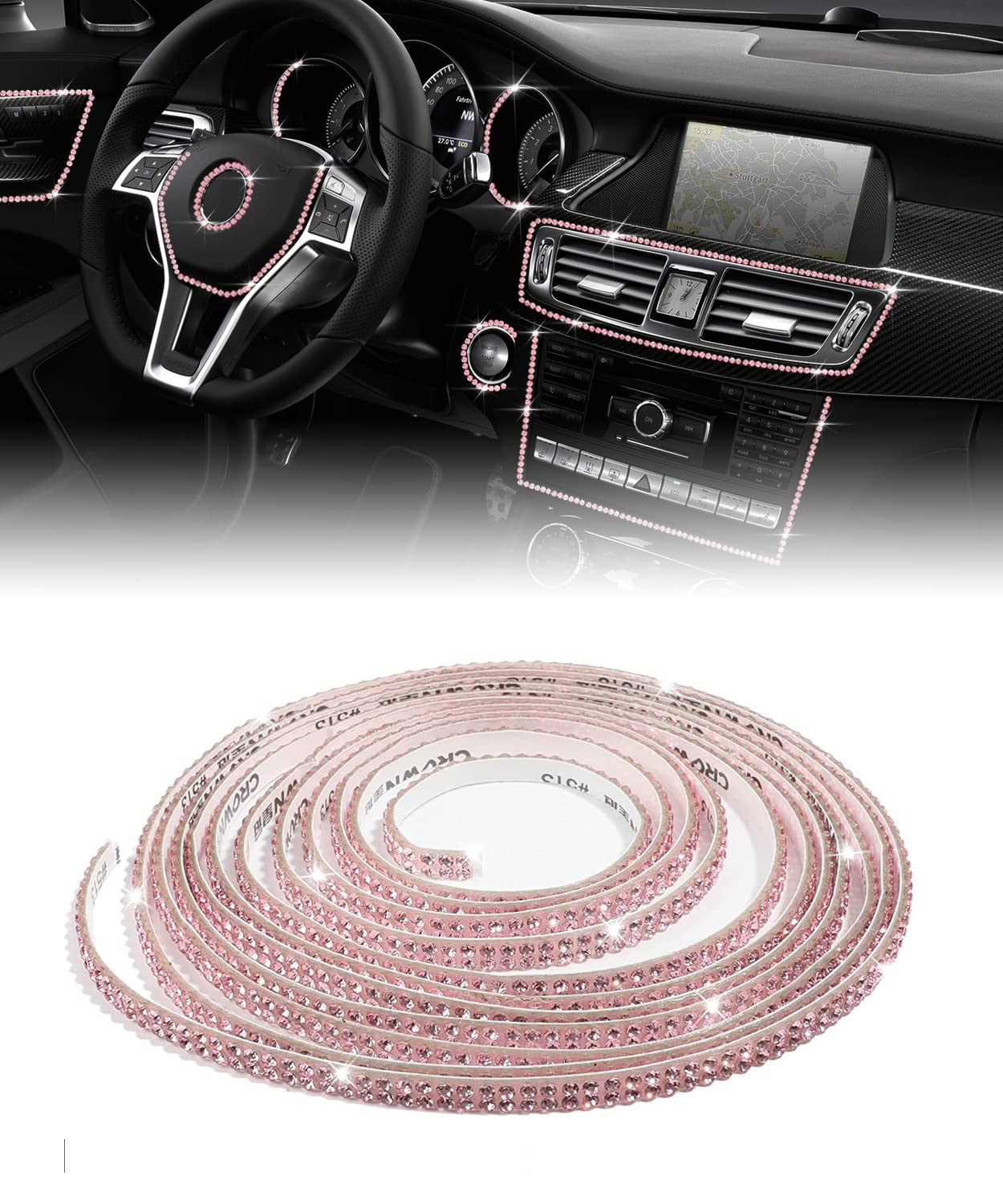 16.4Ft Self-Adhesive Bling Car Trim Strips - Pink Glitter Dashboard & Door Molding for Interior/Exterior Decoration - DIY Car Accessories for Sedan, SUV & Truck Customization (Perfect for Parties, Car Shows & Personalization)