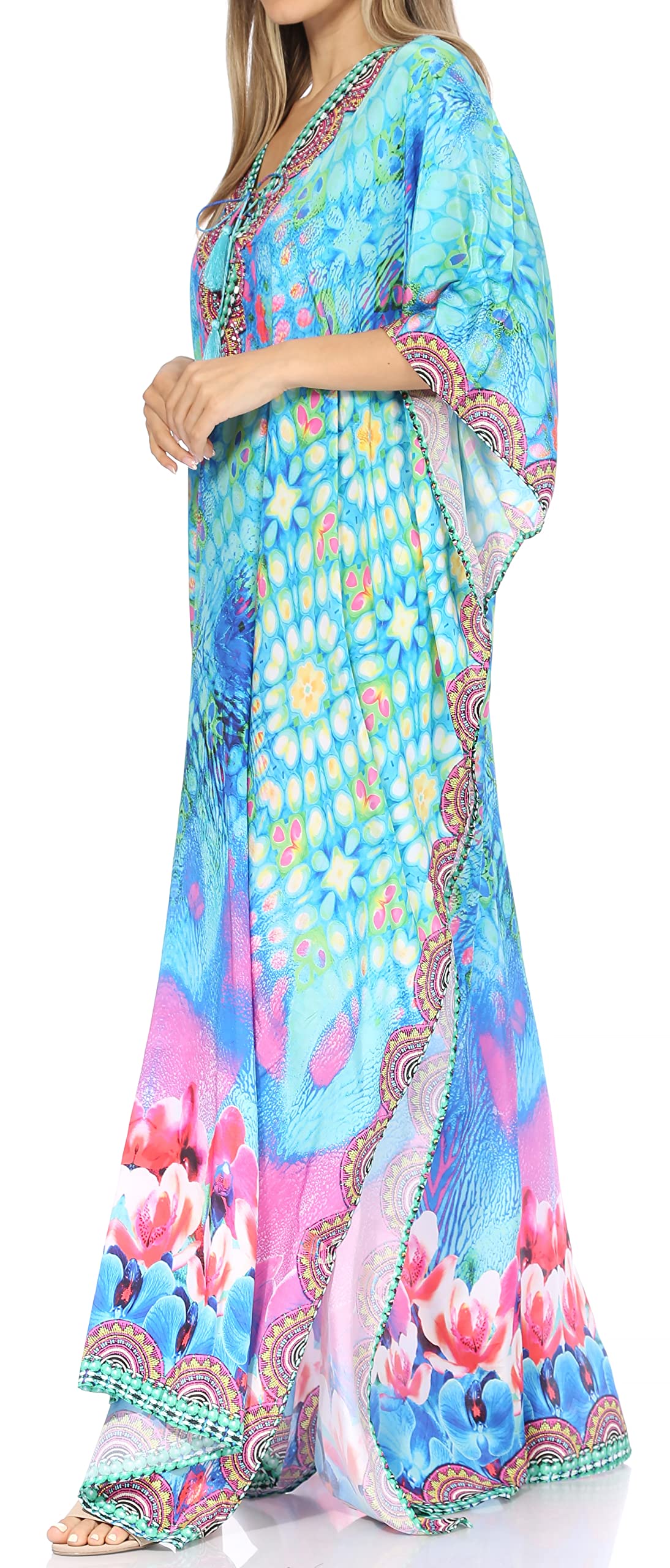 Sakkas Women's Elegant Georgette Rhinestone V-Neck Long Caftan Dress - Beach Cover Up, Evening Gown & Summer Maxi Dress for Vacation, Party & Special Occasions
