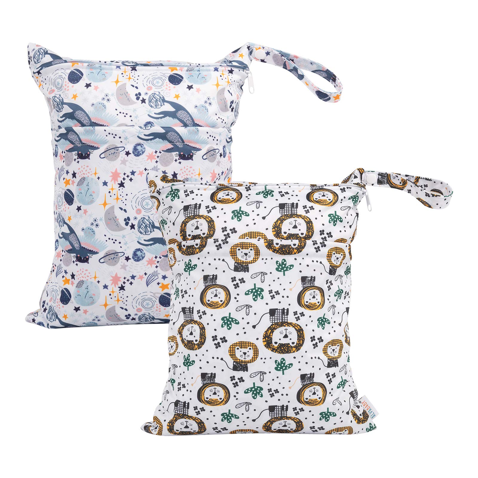 ALVABABY 2-Pack Reusable Waterproof Wet Dry Bags with Dual Zippered Pockets - Cloth Diaper Storage, Beach Pool Essentials, Daycare Organizer, Yoga Gym Bag for Swimsuits & Wet Clothes (Model LX-H358359) - Perfect for Travel, Sports & Baby Care