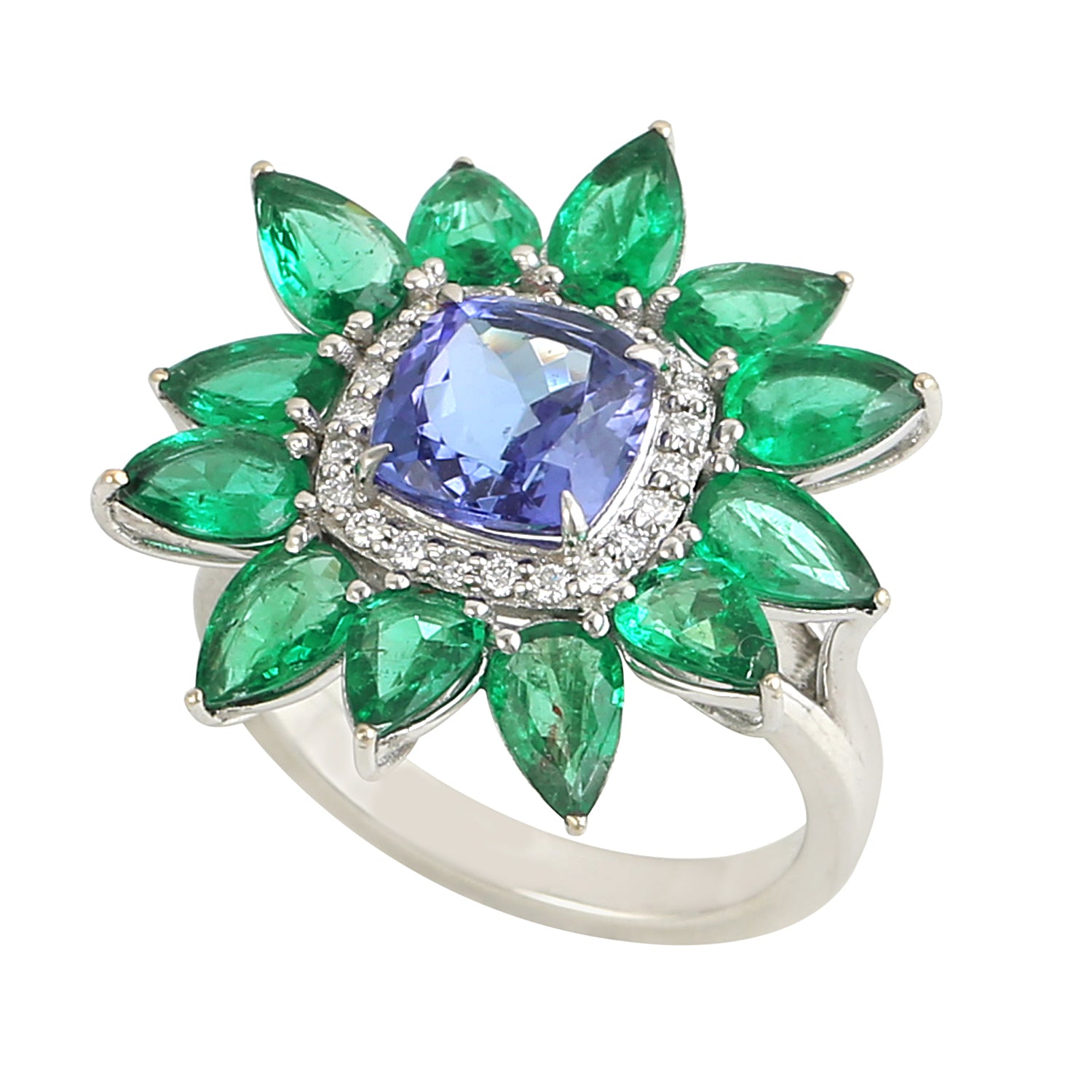 Exquisite Cushion Cut Tanzanite Pear Emerald Pave Diamond Ring in 14K White Gold | Elegant Wedding, Engagement & Anniversary Jewelry Gift for Women