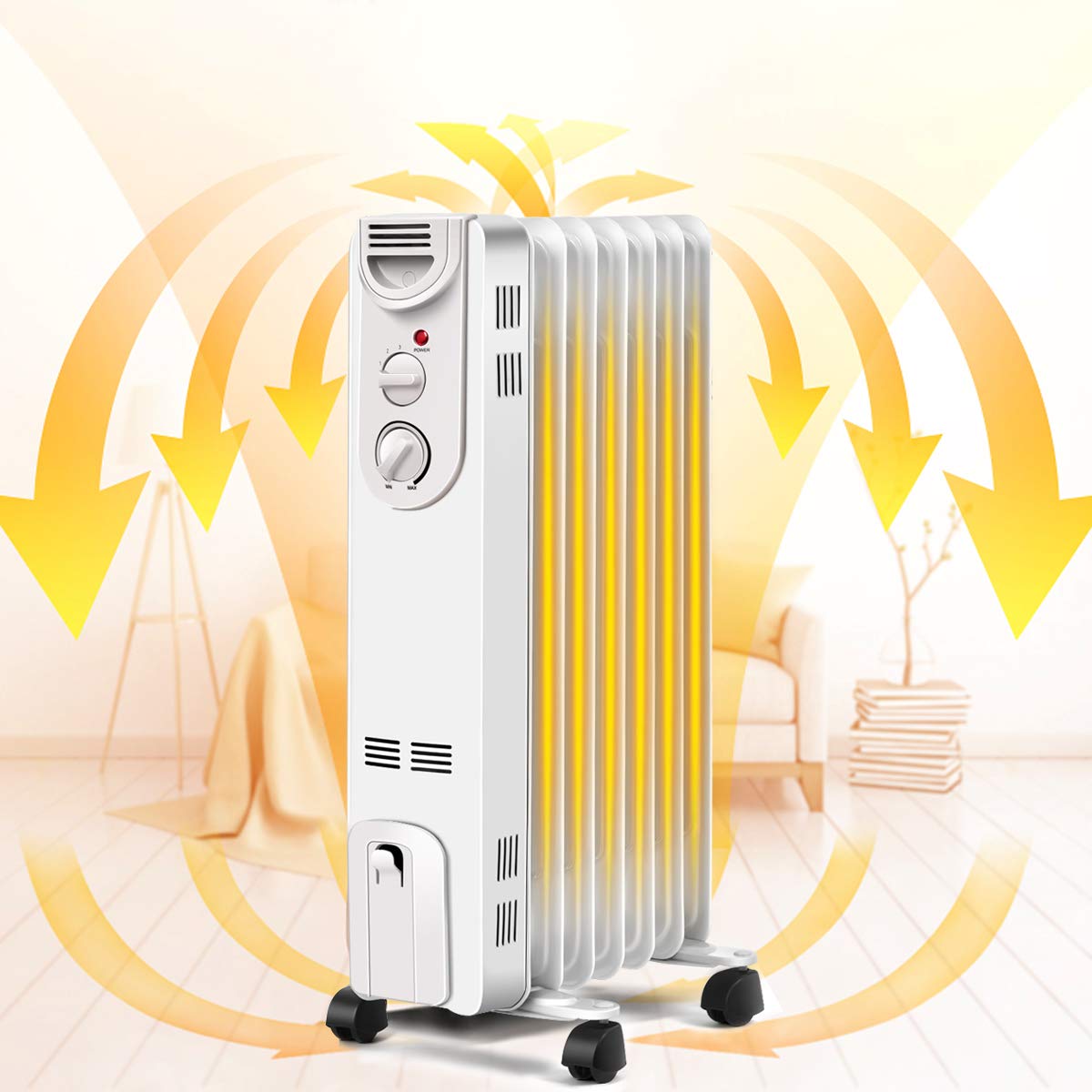 COSTWAY 1500W Oil Filled Radiator Heater - Portable Electric Space Heater with 3 Heat Settings, Adjustable Thermostat, Overheat & Tip-Over Protection - Ideal for Living Room, Bedroom, Office & Indoor Winter Heating