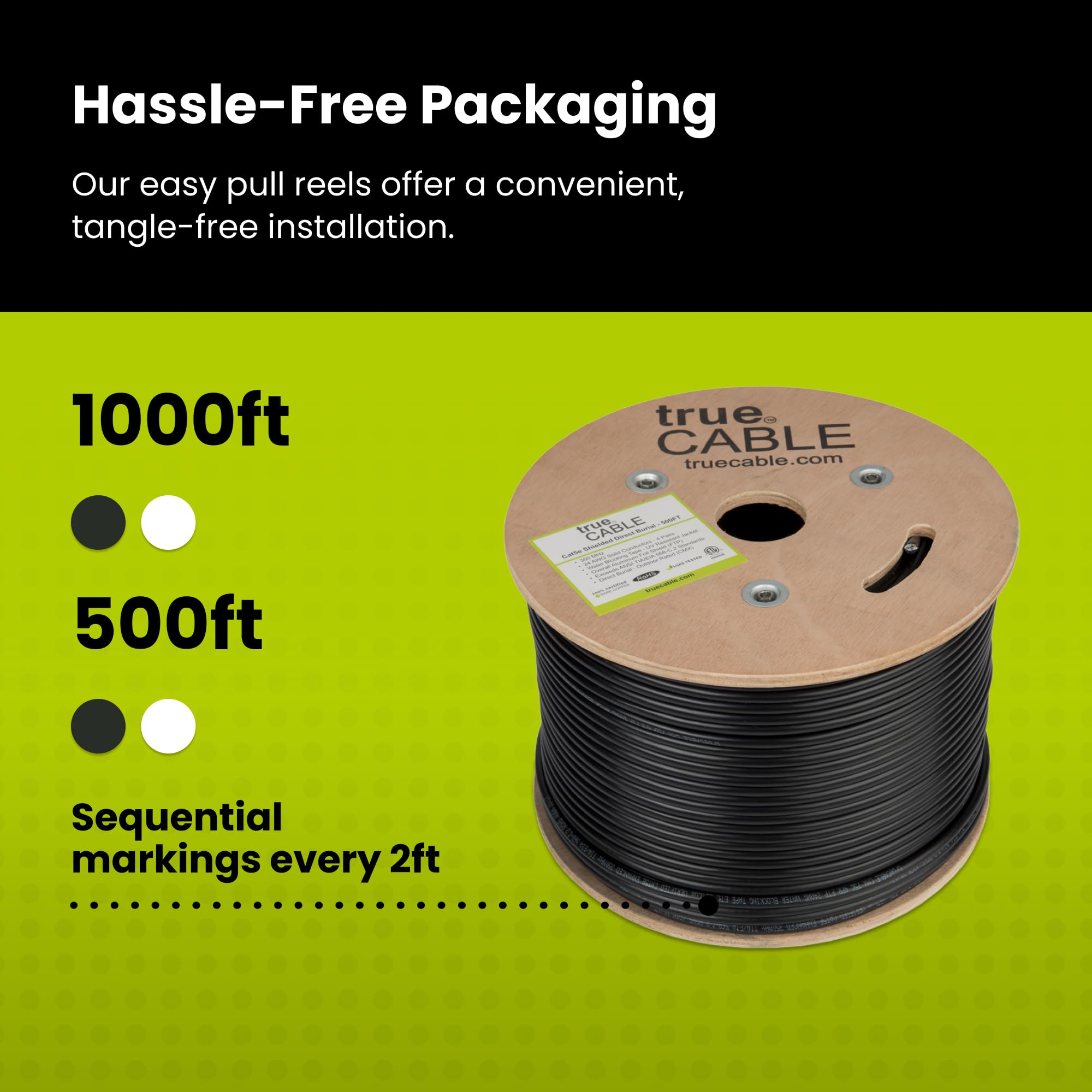 trueCABLE Cat5e Outdoor Shielded (F/UTP) Ethernet Cable - 500ft Black 24AWG Solid Bare Copper, Waterproof Direct Burial Rated CMX, 350MHz, PoE++ (4PPoE) - Perfect for Outdoor Security Cameras, Garden Lighting & Industrial Network Installations