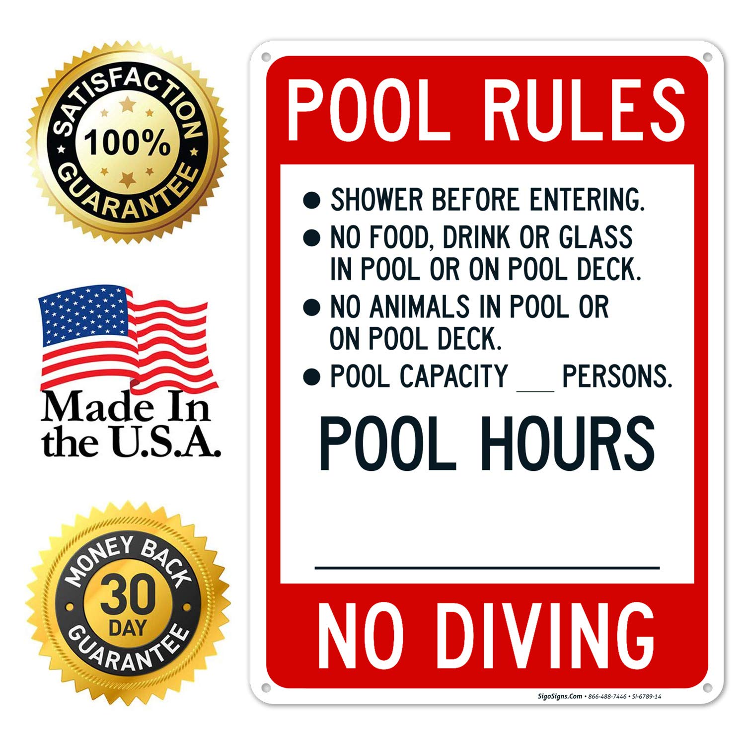Rust-Free Sigo Signs Pool Rules Sign (SI6789) - .040 Aluminum, Fade Resistant, 10x14 Inches - Perfect for Indoor & Outdoor Pools, Spas, and Community Recreation Areas - Made in USA