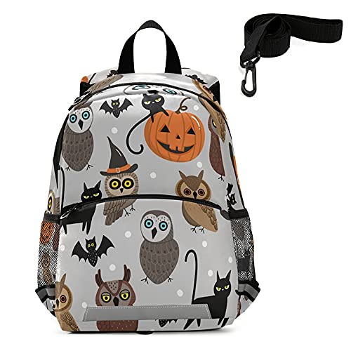 QUGRL Halloween Pumpkin Kids Toddler Backpack with Leash - Owl Cat Bat Design School Bag for Boys & Girls Ages 3-8 | Perfect for Kindergarten, Preschool, Nursery & Travel | Cute Trick-or-Treating & Costume Accessory