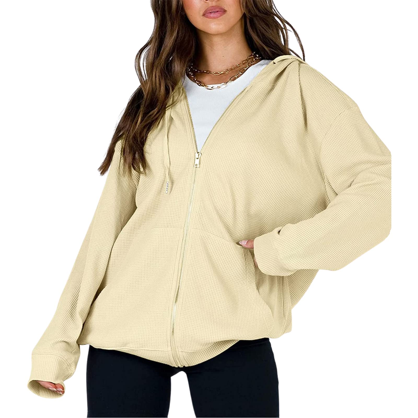 SHIBAOZI Women's Casual Waffle Hooded Zip Up Sweatshirt Jacket - Long Sleeve Solid Color Pullover with Pockets for Fall Winter Outdoor Activities and Lounge Wear