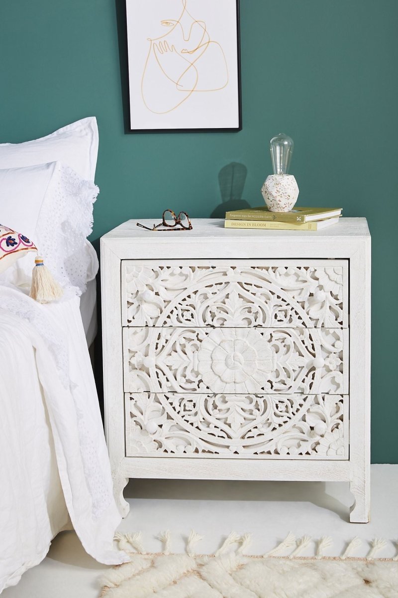 Hand Carved Lombok Three Drawer Nightstand - Solid Wood Bedside Table with Storage | Perfect for Bedroom, Guest Room & Apartment Furniture