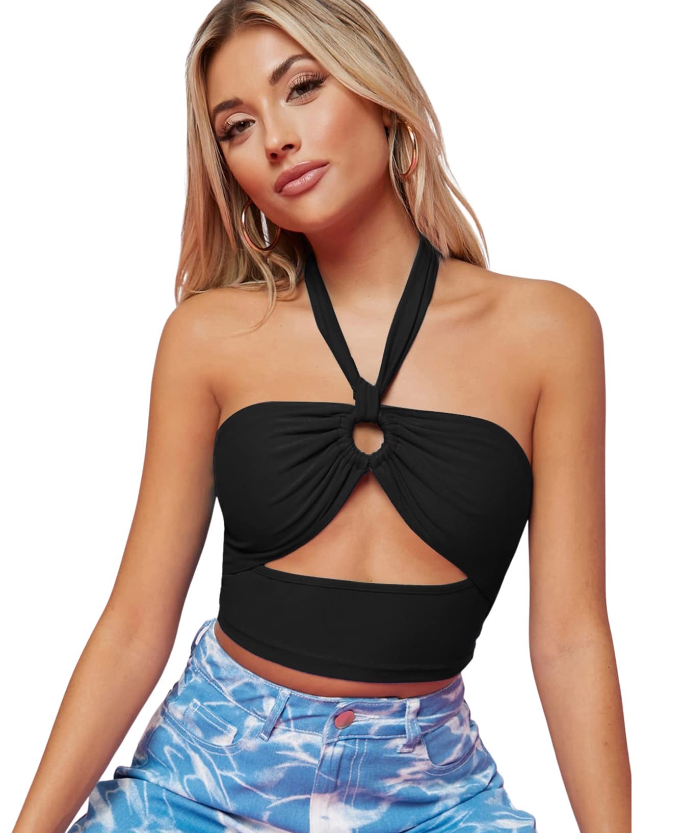 SheIn Women's Sleeveless Cut Out Halter Neck Tie Backless Crop Tank Top - Sexy Summer Casual Tops for Beach, Party & Night Out