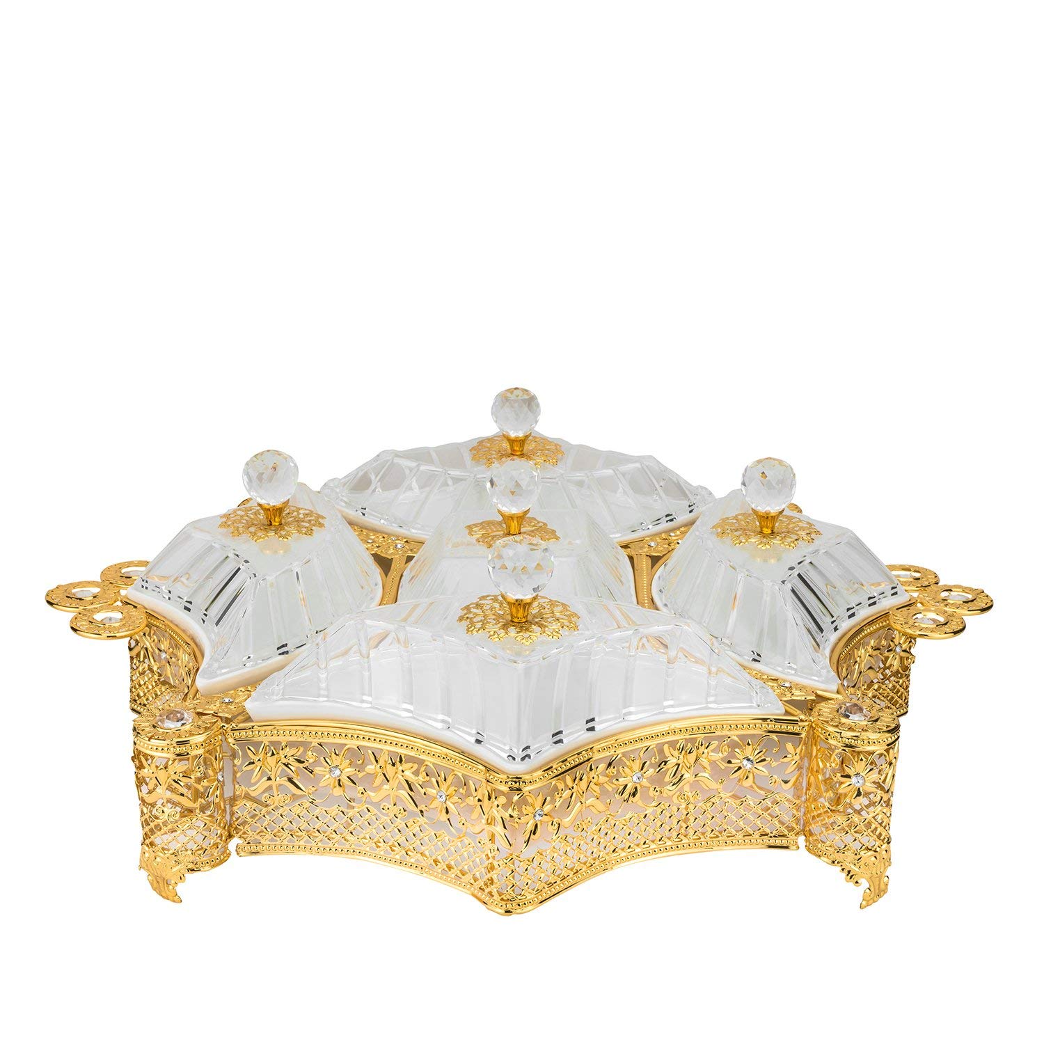 Elegant Gold Filigree Sectional Serving Tray with Removable Ceramic Dip Bowls - Perfect for Cheese, Dessert & Snack Platters - Ideal for Parties, Entertaining & Holiday Gatherings