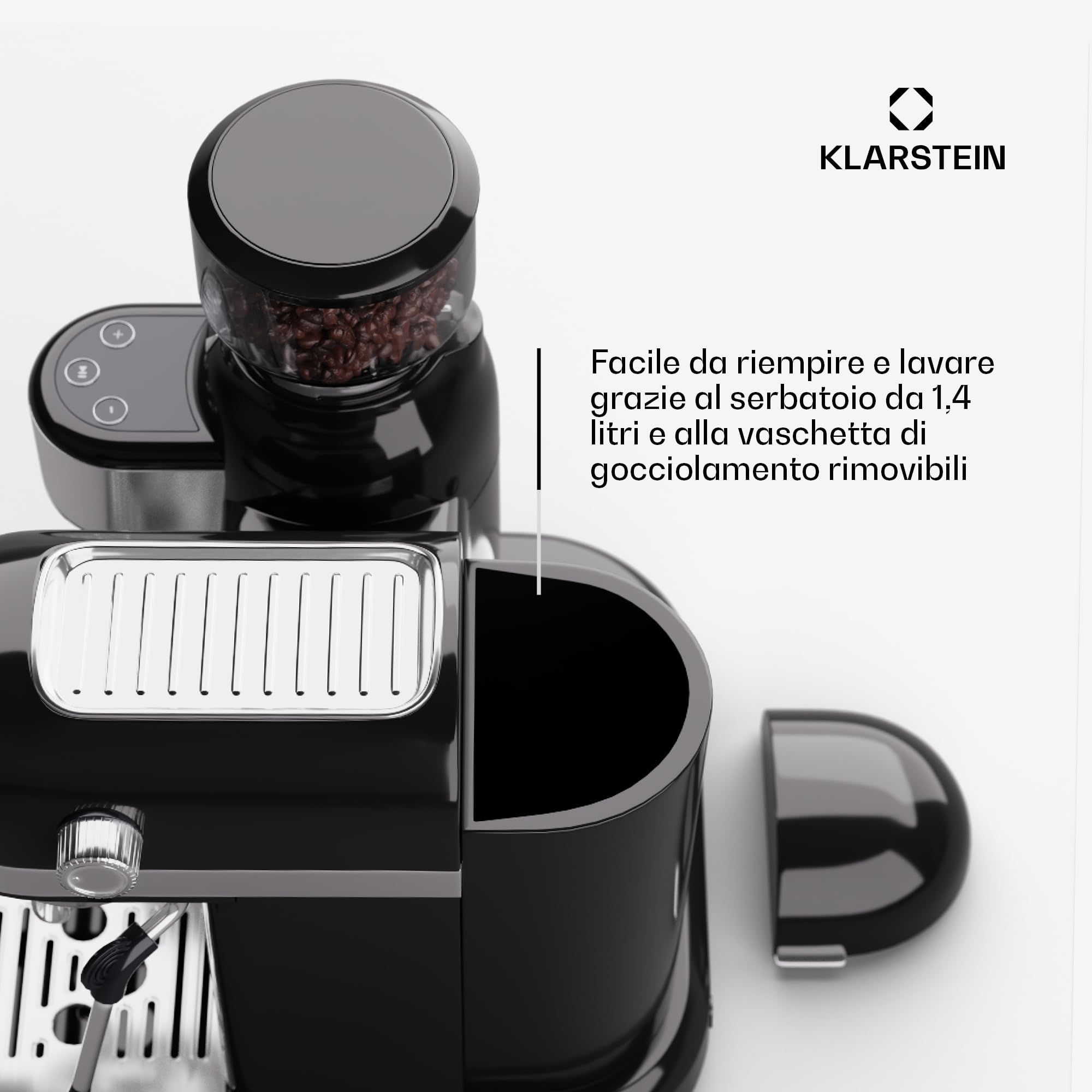 Klarstein 1.4L Espresso Coffee Machine with ThermoBlock - Stainless Steel Retro Coffee Maker for Ground Coffee, Cappuccino, Latte & Macchiato - 1550W with Milk Frother - Perfect for Home, Office & Coffee Shops