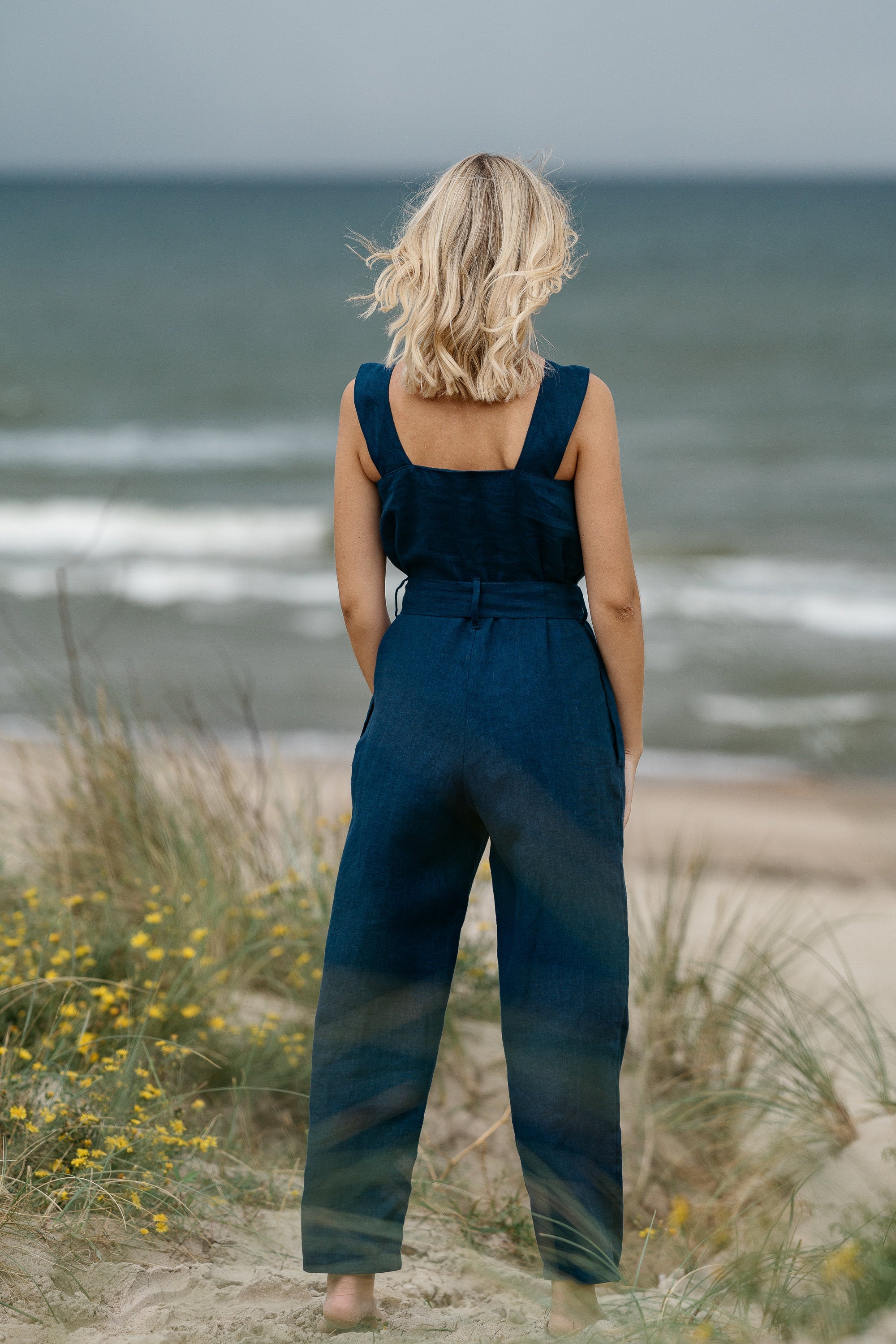 Midnight Blue Linen Wrap Jumpsuit for Women - Comfortable & Stylish Summer Outfit for Beach, Vacation, and Casual Wear