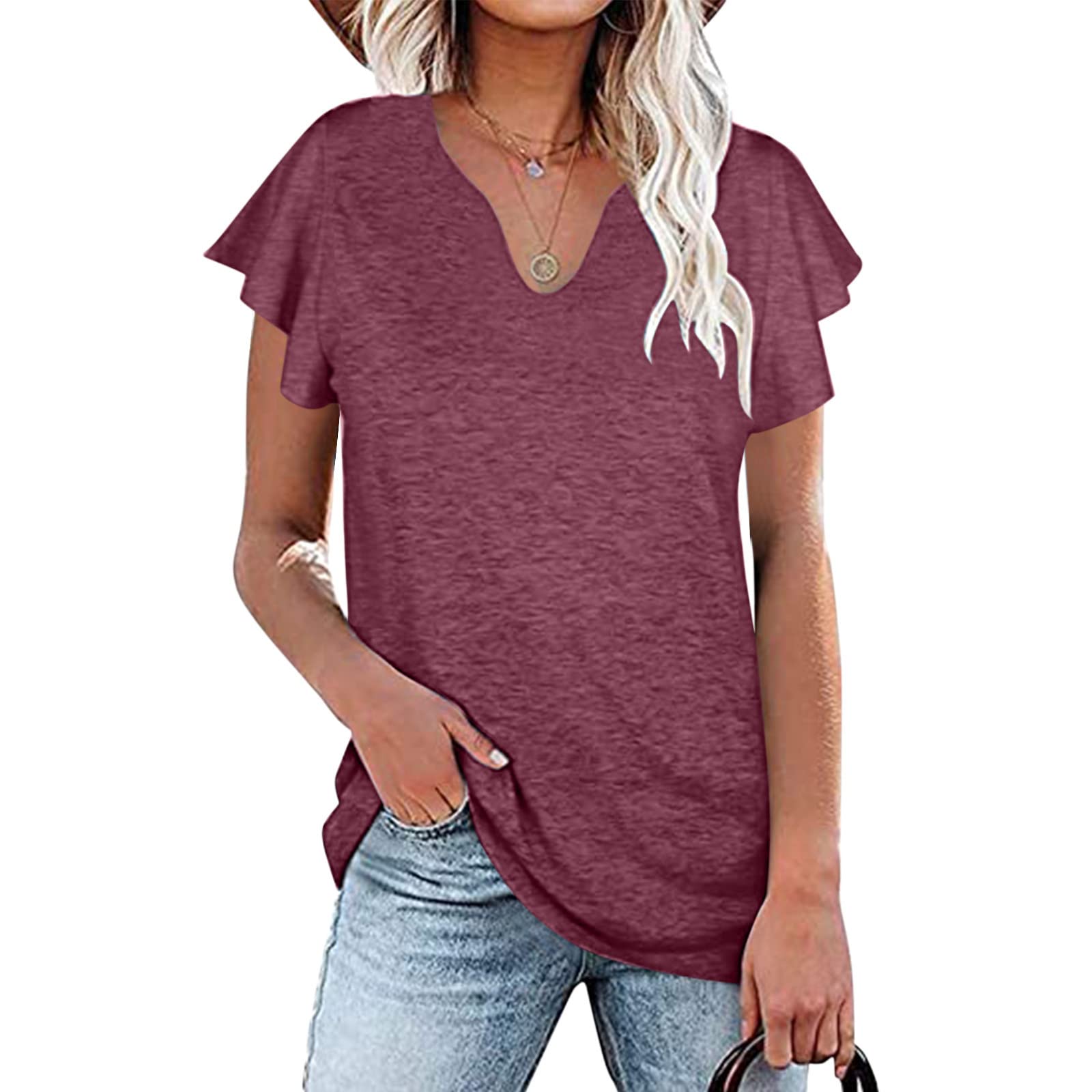 Trendy Women's Loose V-Neck T-Shirt - Petal Short Sleeve Casual Summer Top | 2022 Fashion Sleeveless Crop Tank in Purple | Perfect for Beach Outings, Casual Wear & Summer Vacations