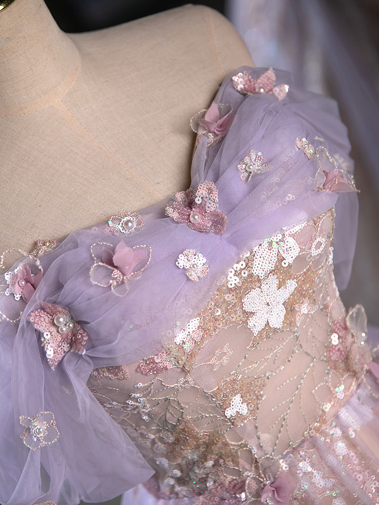 Elegant Off-Shoulder A-Line Tulle Lace Short Prom Dress in Purple - Perfect for Homecoming, Party & Special Occasions