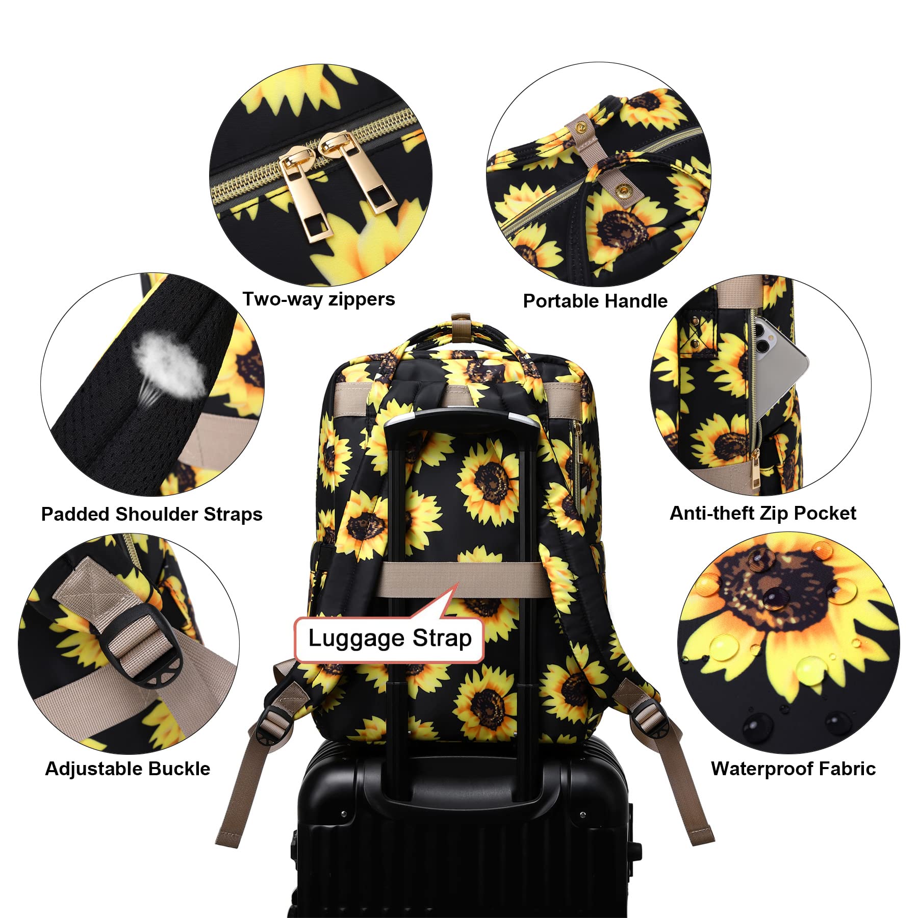 Stylish Sunflower Laptop Backpack for Women & Girls - 15.6 Inch Waterproof College Bookbag with USB Charging Port - Perfect for School, Travel, Work & Daily Commute