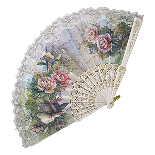 Elegant Hollow Out Peony Print Folding Hand Fan with Lace Trim - Portable Fabric Fan for Women, Wedding, Party & Home Decor (White)