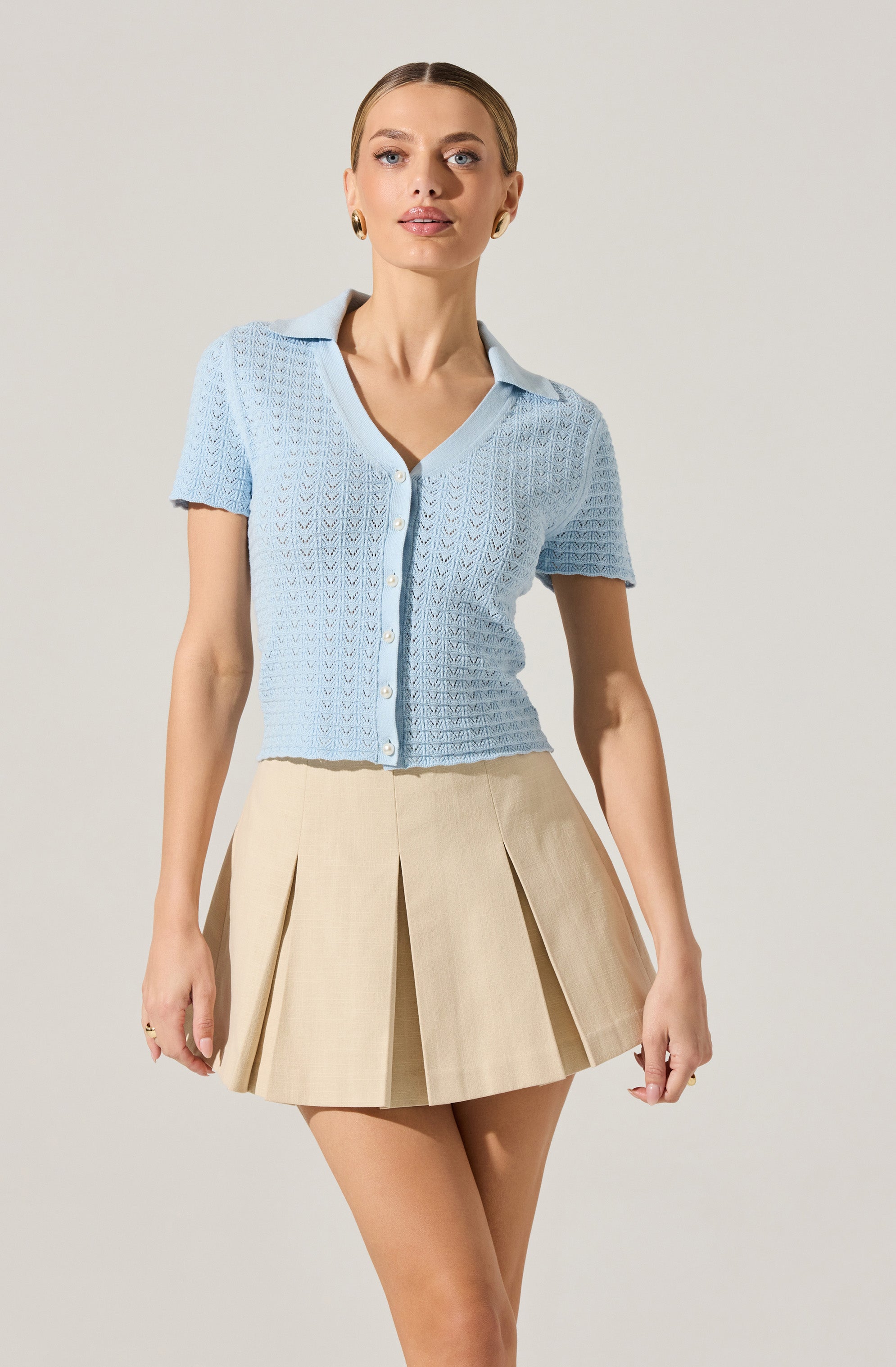 Stylish Pearl Polo Pointelle Sweater for Women - Breathable Knit Top for Casual & Office Wear - Perfect for Layering in Fall & Winter
