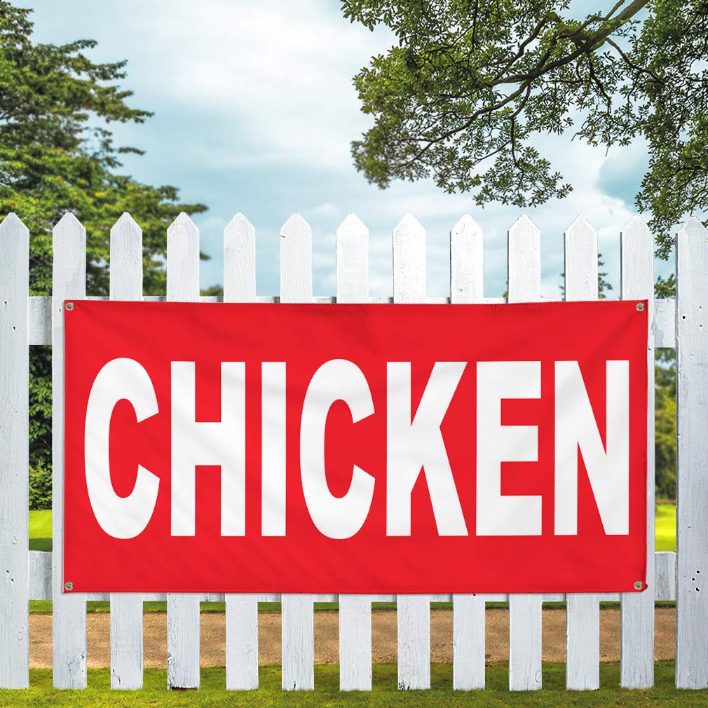 Vinyl Banner - 60x144 Inches Chicken Red Background with 10 Grommets | Weatherproof Outdoor Yard Sign for Food Trucks, Restaurants & Industrial Use | Perfect for Advertising, Events & Business Branding