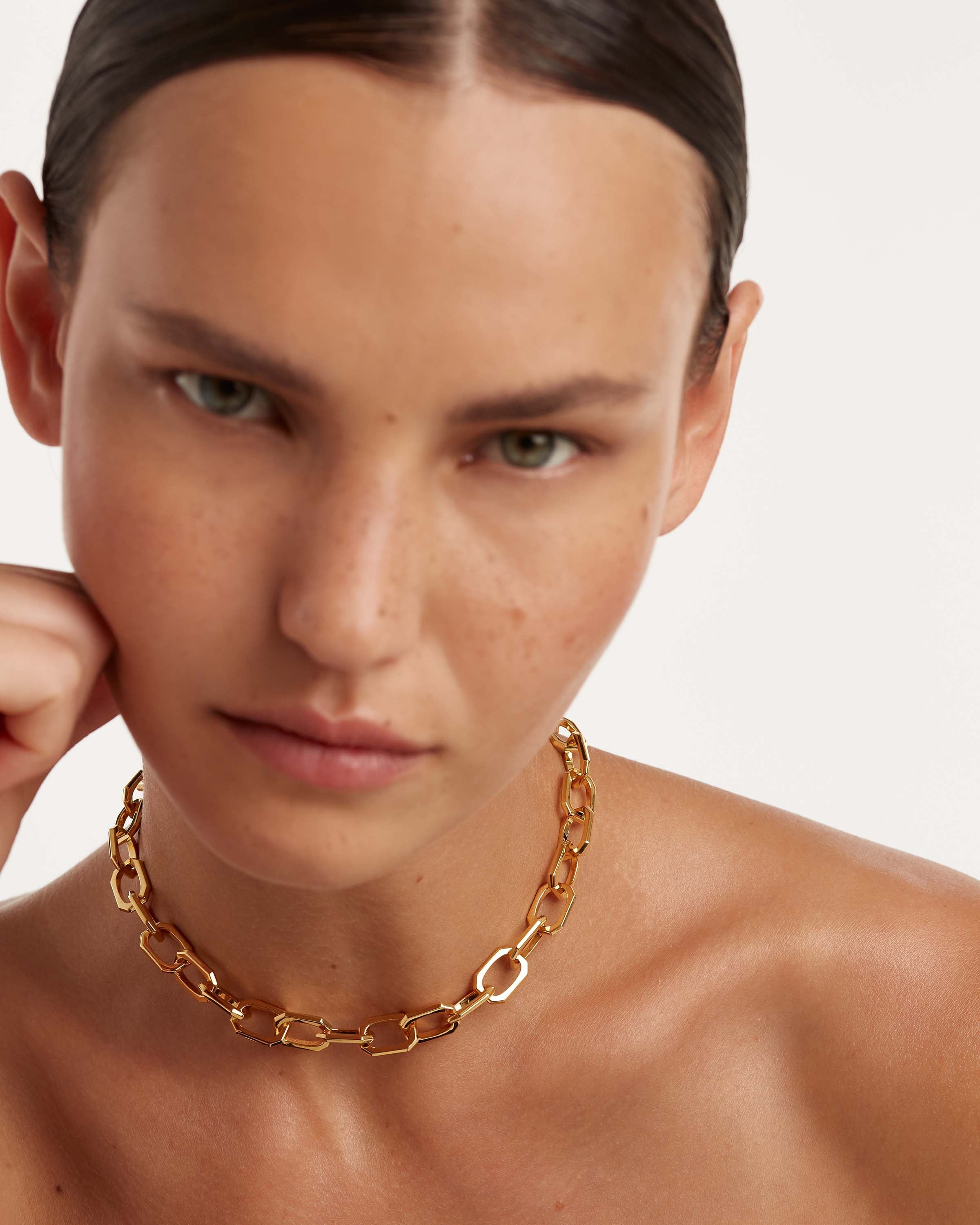 GRID Small Signature Chain Gold Necklace - Dainty Layering Necklace for Women, 14K Gold Plated Jewelry Gift for Her, Perfect for Everyday Wear & Special Occasions