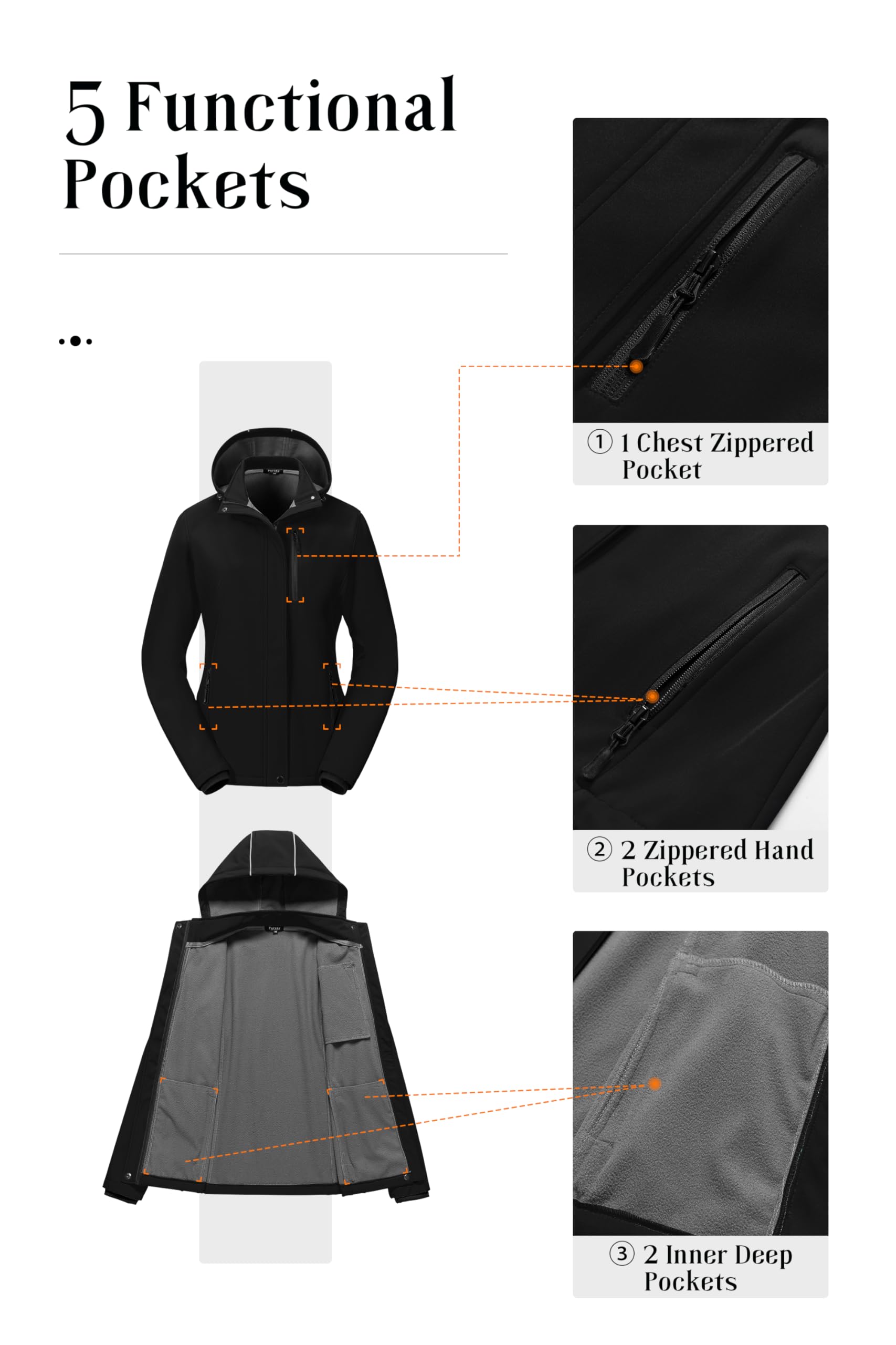 Pursky Women's Softshell Jacket - Lightweight Fleece Lined Waterproof Windbreaker Coat with Removable Hood - Warm Winter Rain Jacket for Hiking, Travel & Outdoor Activities