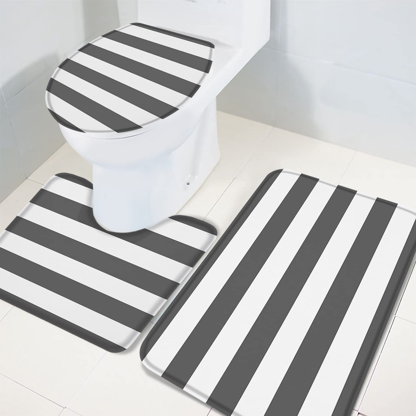 3-Piece Non-Slip Bathroom Rug Set - Gray & White Striped Contour Mat, Toilet Lid Cover & Absorbent Shower Mat | Soft Minimalist Bath Mats for Bathroom Safety & Style | Perfect for Modern Homes, Apartments & Guest Bathrooms