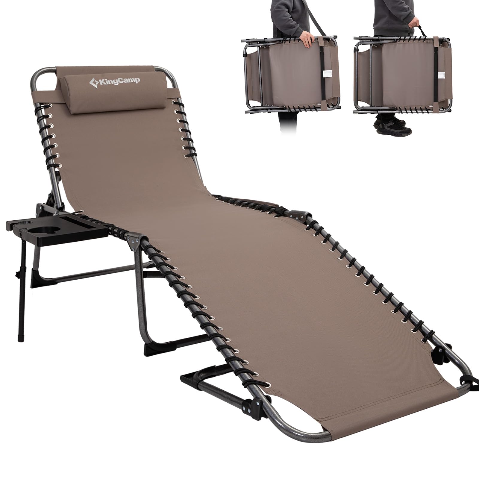 KingCamp Folding Chaise Lounge Chair - Portable Outdoor Recliner for Beach, Pool, Patio, Camping & Backyard Relaxation with Adjustable Backrest, Pillow & Side Table (Beige, 1 Pack) - Perfect for Sunbathing, Picnics, and Outdoor Lounging