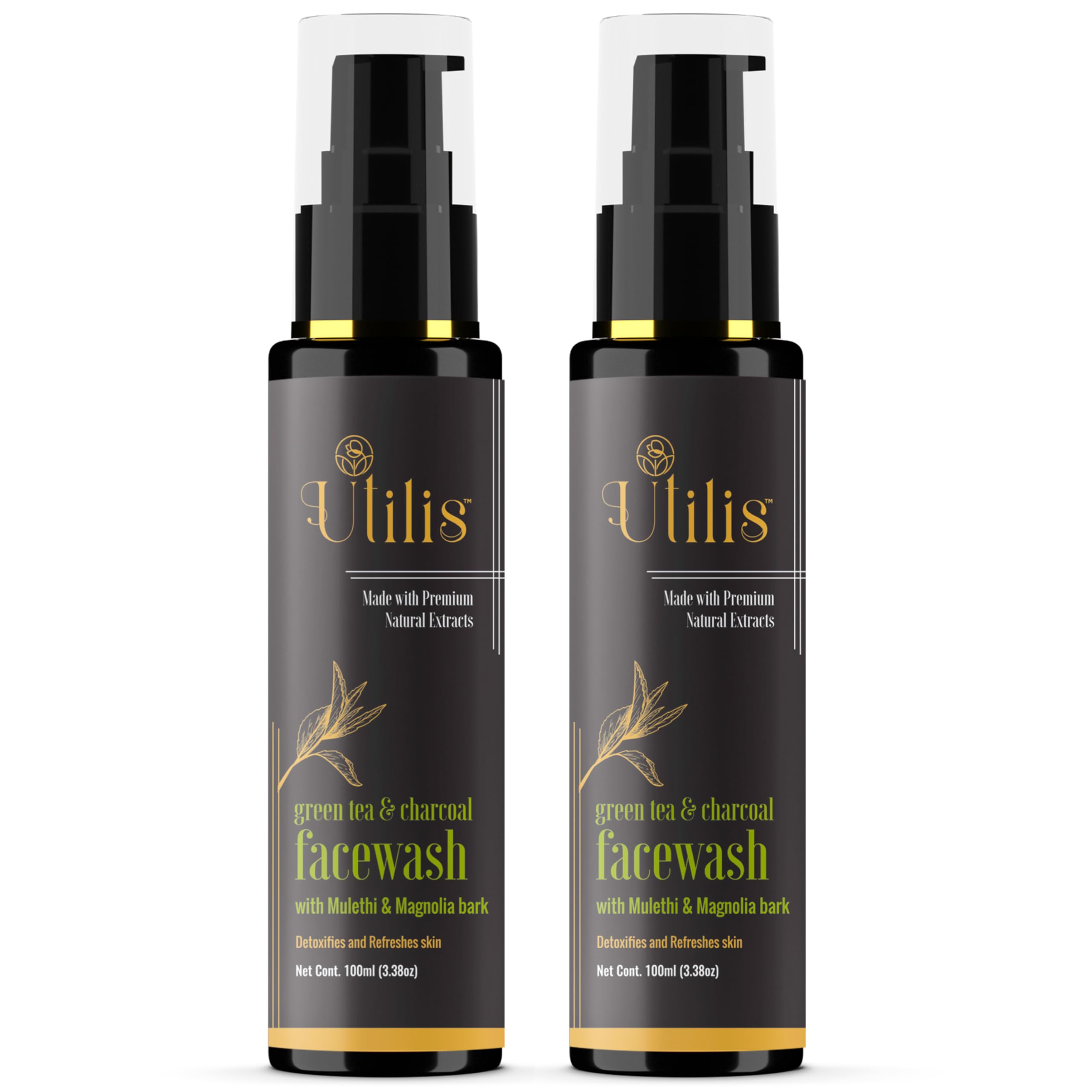Utilis Charcoal Face Wash for Oily Skin - Deep Cleansing, Tan Removal & Anti-Pollution Protection with Green Tea & Menthol | Refreshing Facial Cleanser for Men & Women | All Skin Types | Pack of 2 (100ml Each) | Perfect for Daily Skincare Routine & Post-Workout Refreshment