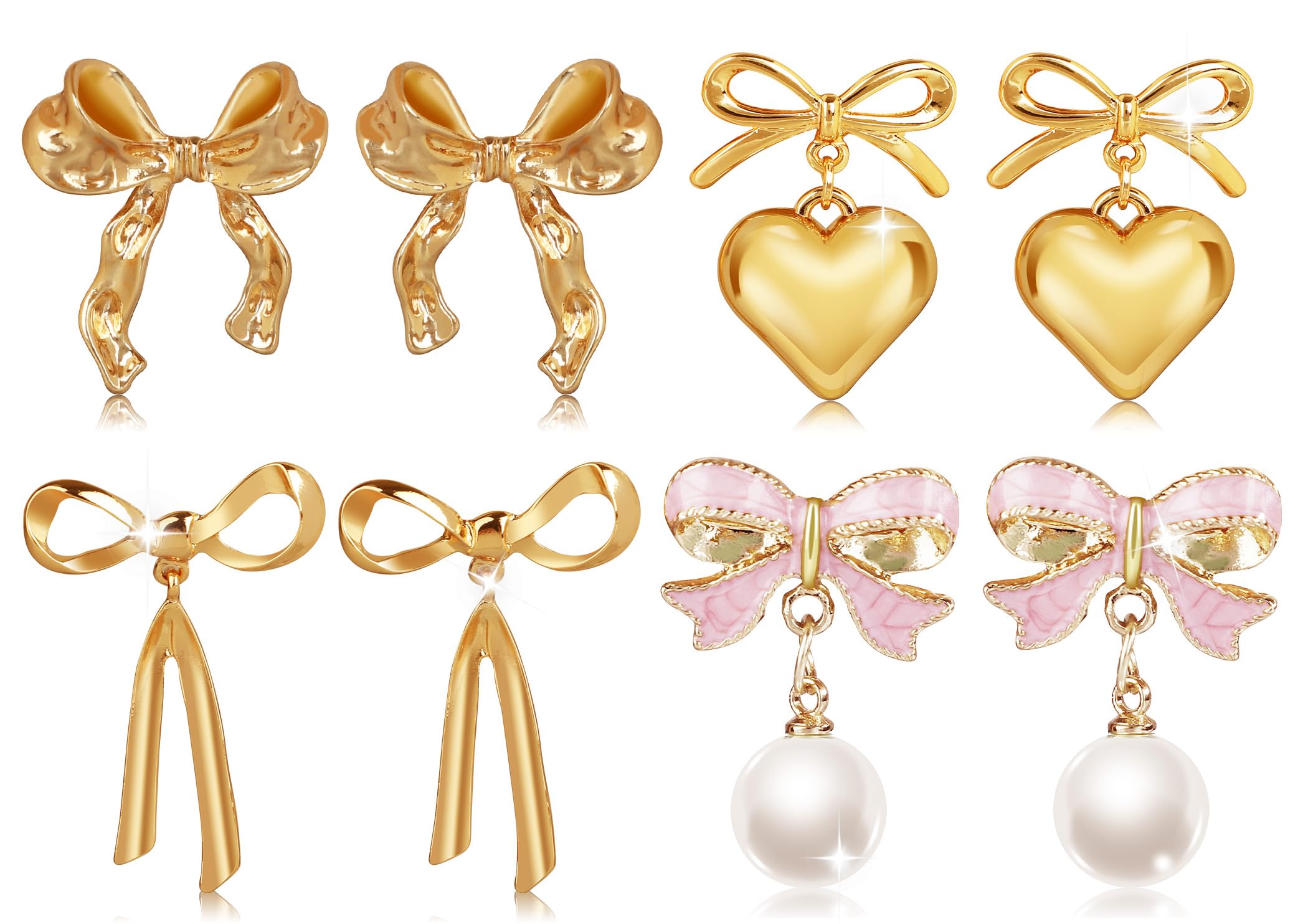 4 Pairs Elegant Gold Pearl Drop Bow Earrings for Women - Trendy Dangle & Stud Jewelry Set for Wedding, Party & Daily Wear - Perfect Gift for Her