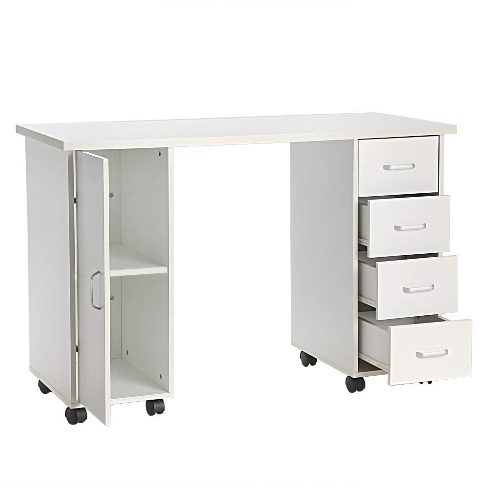 Professional Double-Sided Manicure Nail Spa Table with 4 Drawers & Cabinet - White Wooden Nail Art Technician Workstation for Salon & Home Beauty Business - Perfect for Nail Technicians, Spa Professionals & DIY Nail Enthusiasts