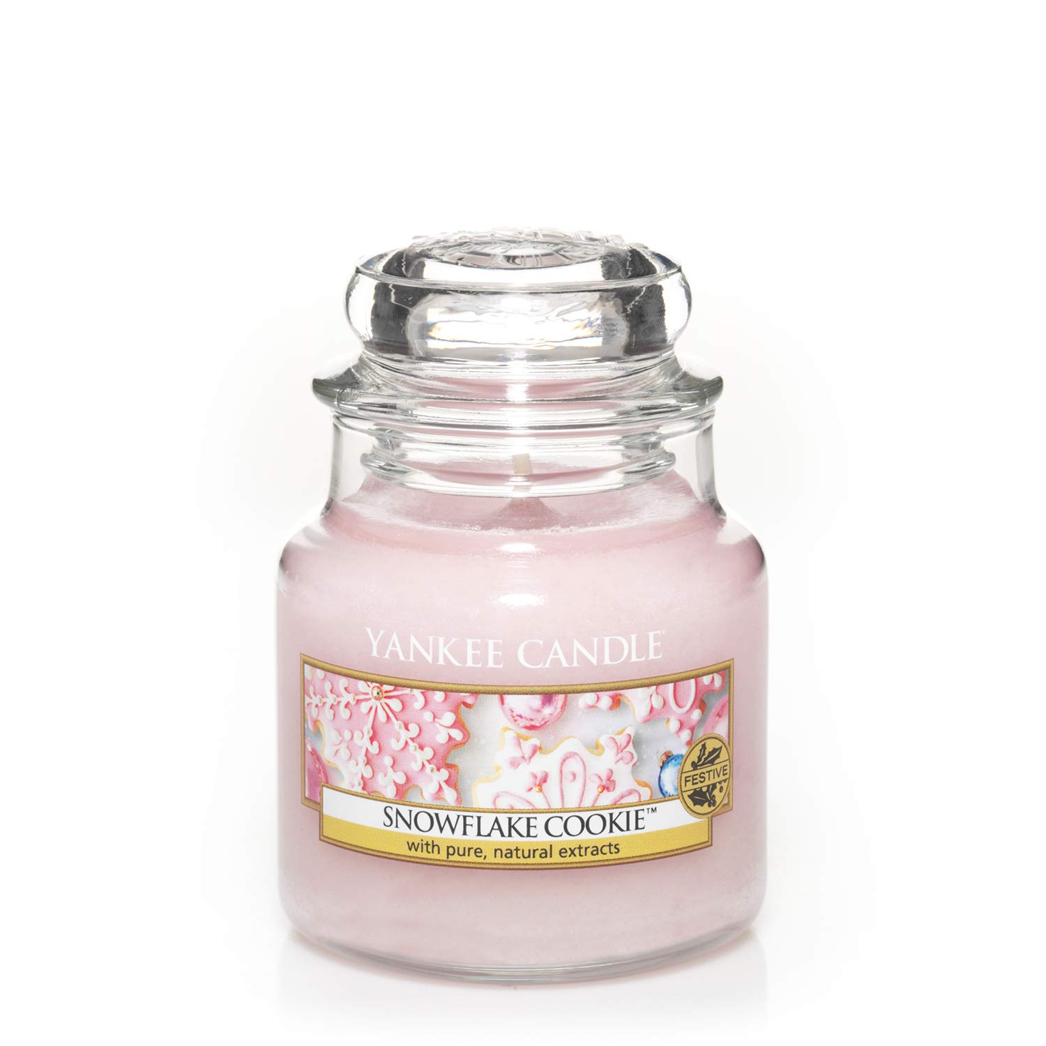 YANKEE CANDLE Snowflake Cookie Scented Small Jar Candle - Pink Holiday Candle for Christmas Decorations, Home Fragrance & Cozy Winter Ambiance