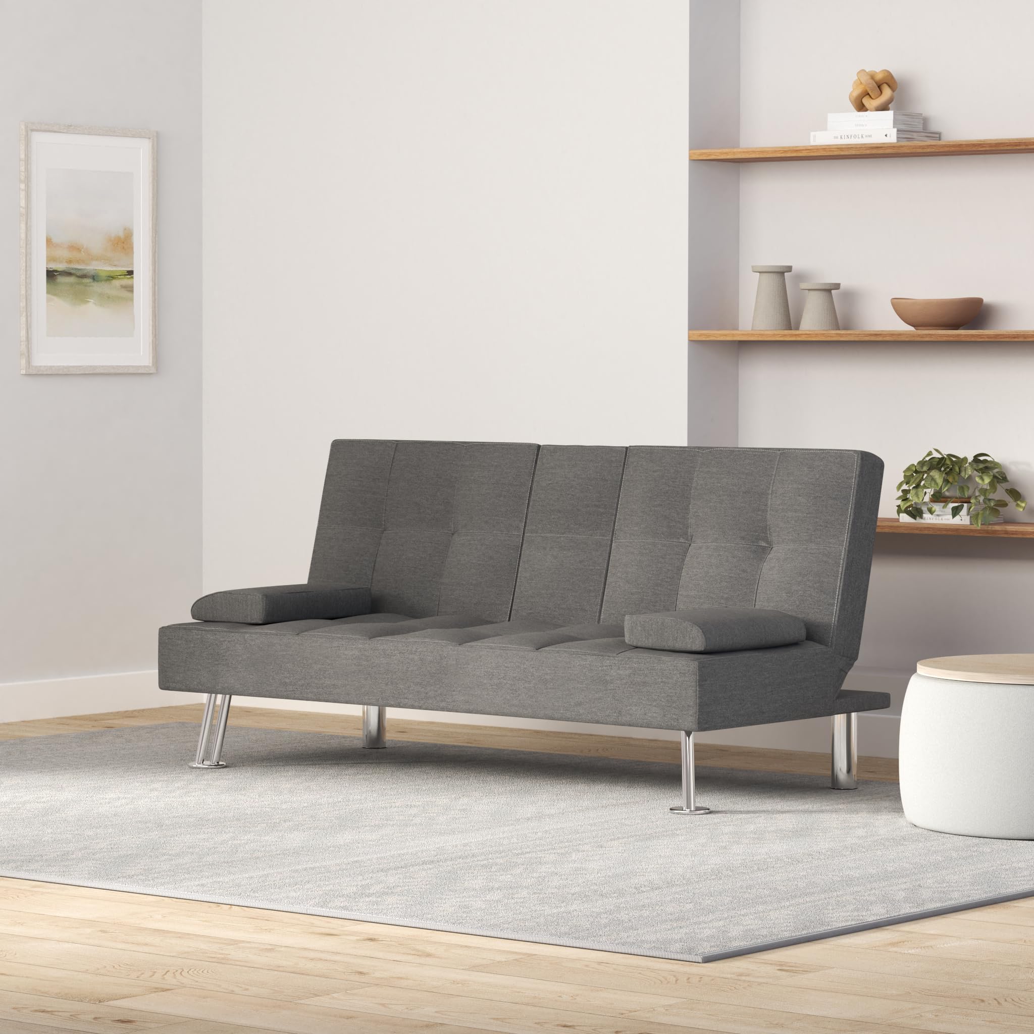 Grey Linen Convertible Futon Sofa Bed with Cup Holder - Recliner Lounger Sleeper for Living Room, Bedroom & Small Spaces | Space-Saving Modern Furniture for Apartments & Studios | Multi-Functional Home Décor for Relaxing & Hosting Guests