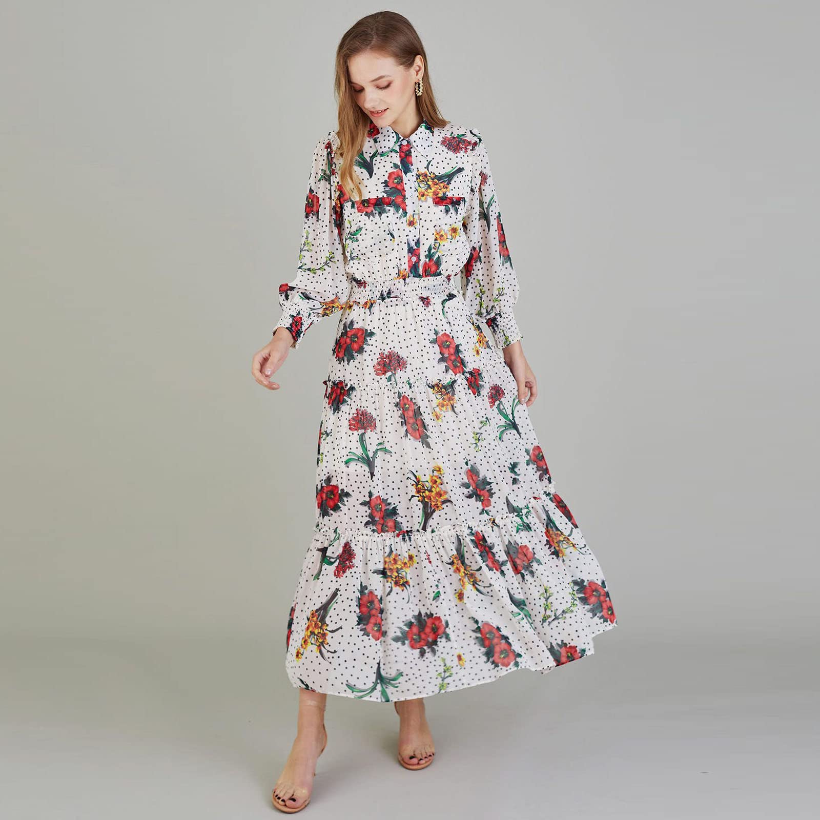 Chicwish Women's Polka Dot Floral Print Chiffon Maxi Dress - Elegant Summer Beach Wedding Party Dress with Flowy Long Skirt