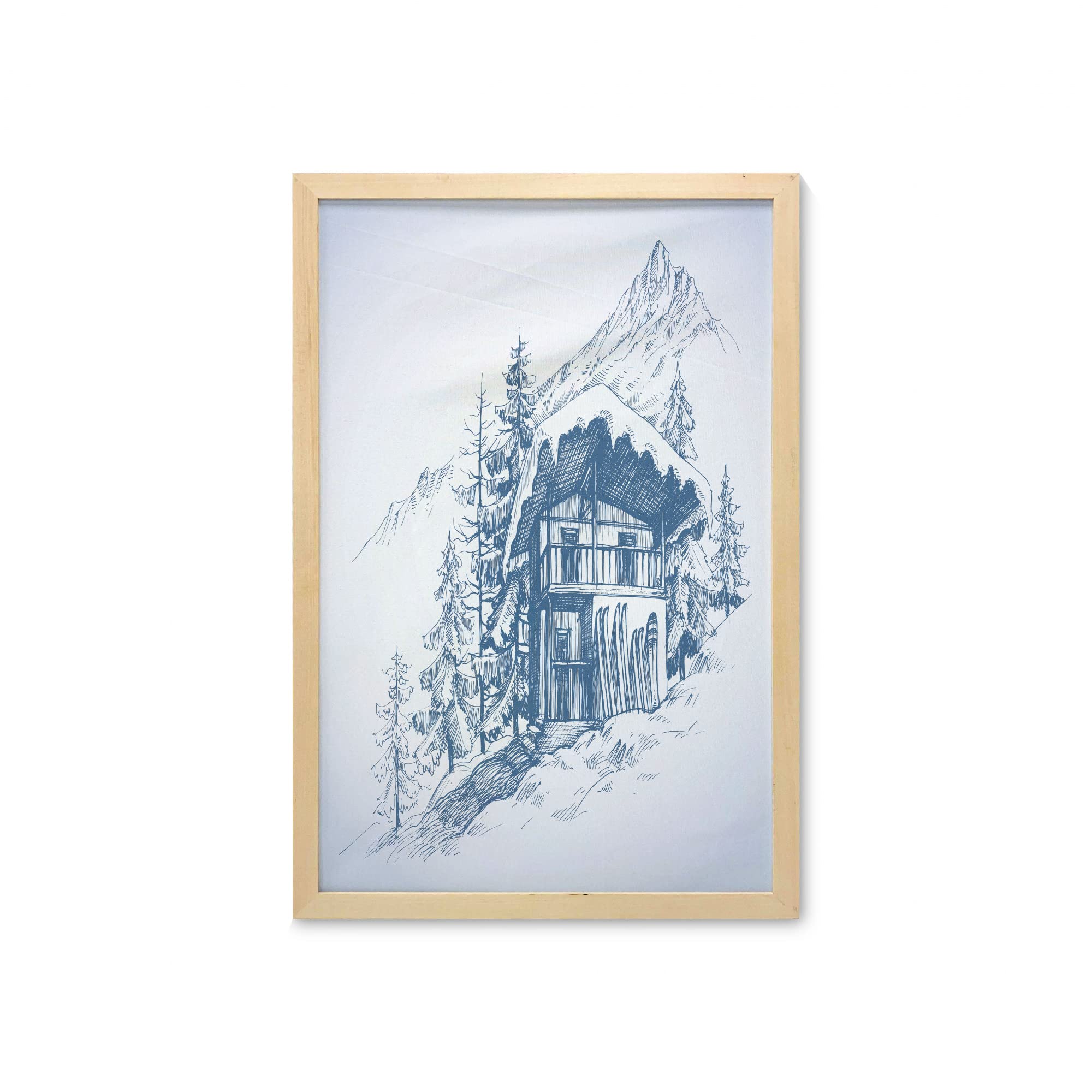 Ambesonne Winter Wall Art with Frame - Pencil Sketch Drawing of Mountain Ski Hut, Printed Fabric Poster for Bathroom, Living Room & Dorm Decor, 23x35 Inches, Sky Blue & Cadet Blue | Cozy Cabin Aesthetic for Winter Home Decor