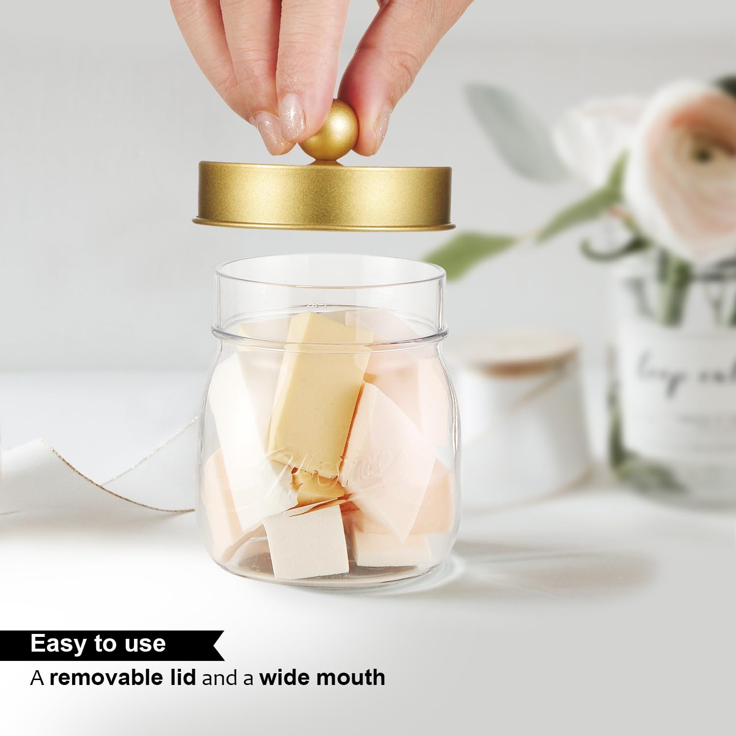 SheeChung 3-Pack Glass Apothecary Jars with Lids - Rustic Cotton Swab & Floss Pick Organizer for Bathroom Vanity, Farmhouse Decor - Gold Mason Jar Set for Home Storage & Organization (Perfect for Countertop Display & Bathroom Essentials)