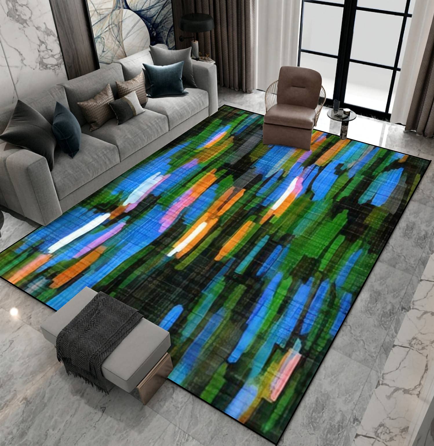 Non-Slip Area Rug - Aegean Teal Mottled Swirl Linen Carpet with Nautical Texture for Living Room, Bedroom, Kids Room | Indoor/Outdoor Floor Mat for Home Decor, Yoga, Patio & Doormat Use